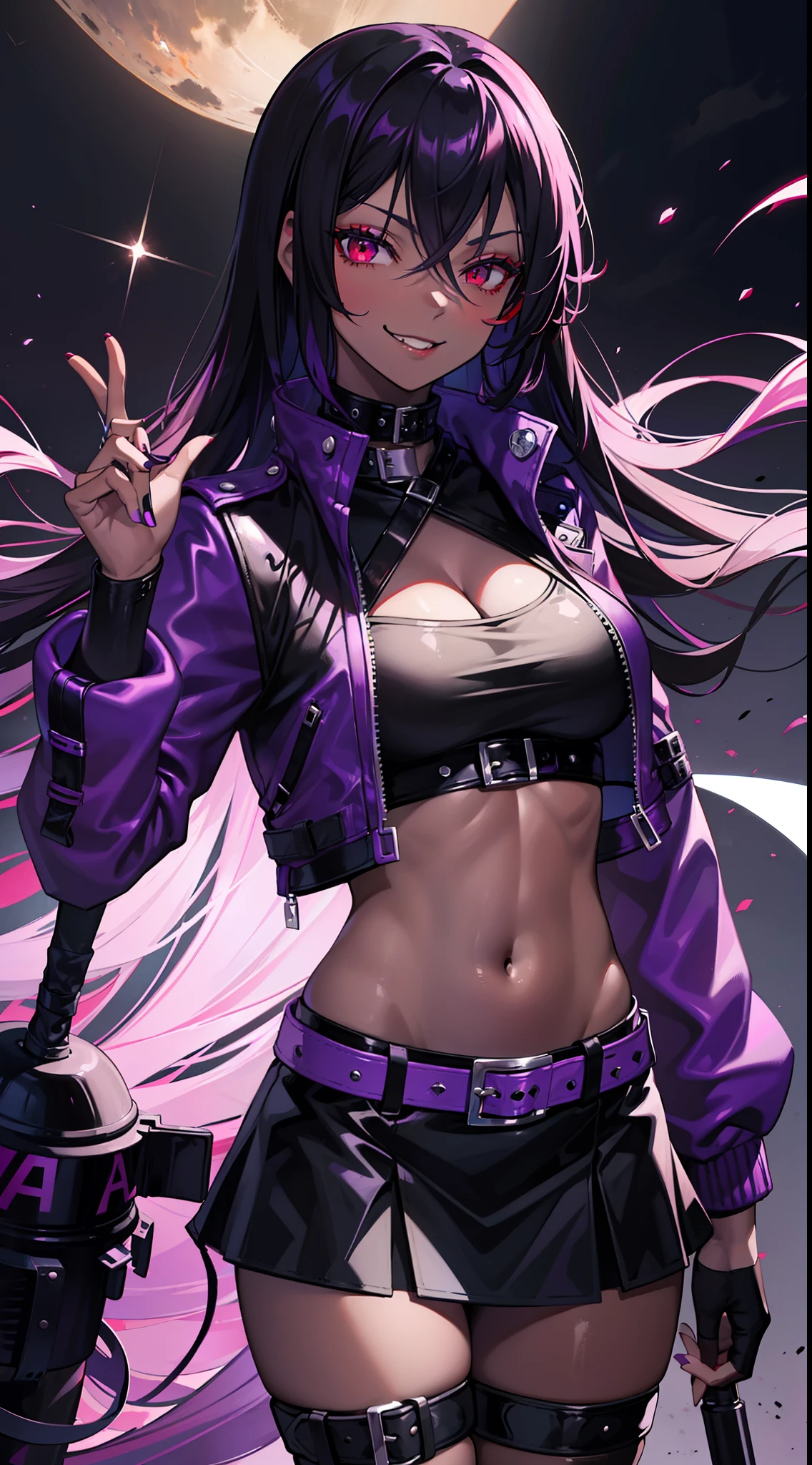 Adult woman, black skin, long purple hair, red eyes, purple top, leather jacket, leather skirt, smirk, open belly, open breasts, black lipstick, Masterpiece, hiquality