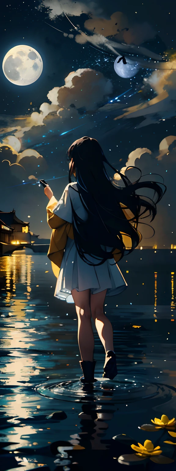 One in a white dress(bit girl:1.5)Look up at the stars，(Stand on the shore:1.1)，at the lakes，facing away from the audience，Dark black(Long flowing hair:1.2)，The vast night sky has many shining stars，(A round of brilliance(themoon:1.2)Hang high in the night sky)，The clear moonlight rippled through the clouds on the water，(The reflection of the ancient town buildings appears on the water)，The surface of the water is illuminated by moonlight，Boats on the river，（ultra-wide-angle），（The vertical picture is wide），（Highlight the vastness of the night sky），（Map of Jiangnan Water Town），There is a visual effect of the wind blowing in the air，From the bottom point of view，Melancholic tones,(There are small yellow flowers:1.1),（light and shadow effect），（Depth of field effect），（Tyndall），（Light particle tracing），（Motion picture film effects），（rendering by octane），（CG），（Cinematic lighting visuals），（vivd colour）,（Obvious layers）,（Photography Award）,（8k wallpaper），（Master painting）,（Masterpiece）,（best qualtiy）, photorealestic，realisticlying，Ray
