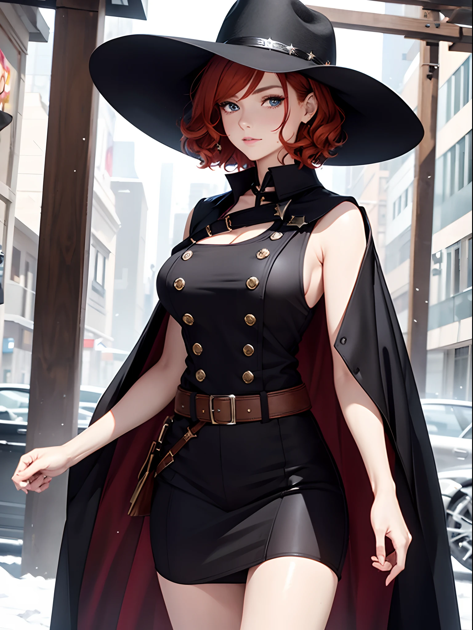 natural redhead woman, 1 woman, zoomed out, short curly hair, black cowboy hat, black uniform, full sheriff uniform, heterochromia, walking towards viewer, low angle, bare shoulders, sideboobs, striped shirt, long black coat, snow