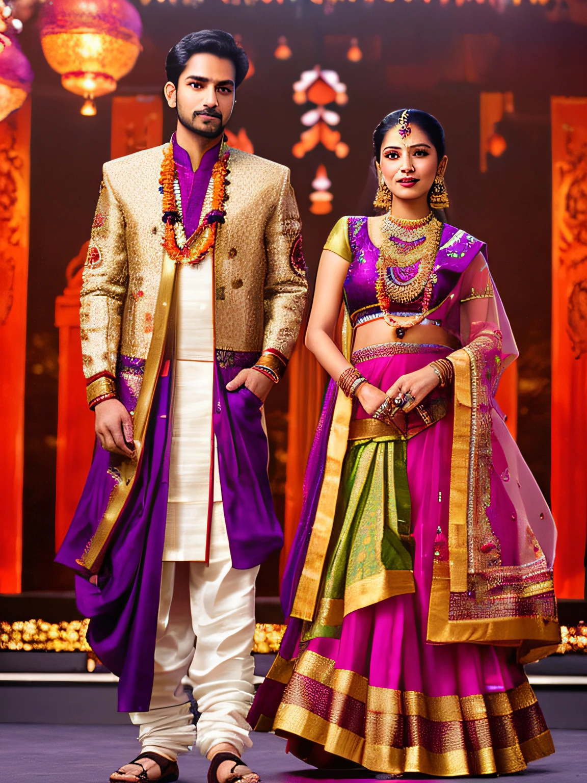 a man and woman in traditional indian attire standing on a stage, traditional, exclusive, well edited, lovely couple, wearing traditional garb, couple, adorned with precious stones, details galore, wearing bihu dress mekhela sador, peredvishniki, Perfect quality，Clear focus（Clutter - home：0.8）， （tmasterpiece：1.2） （realisticlying：1.2）accurate depiction, look at all that detail!, edited, very beautiful enga style, by Bholekar Srihari