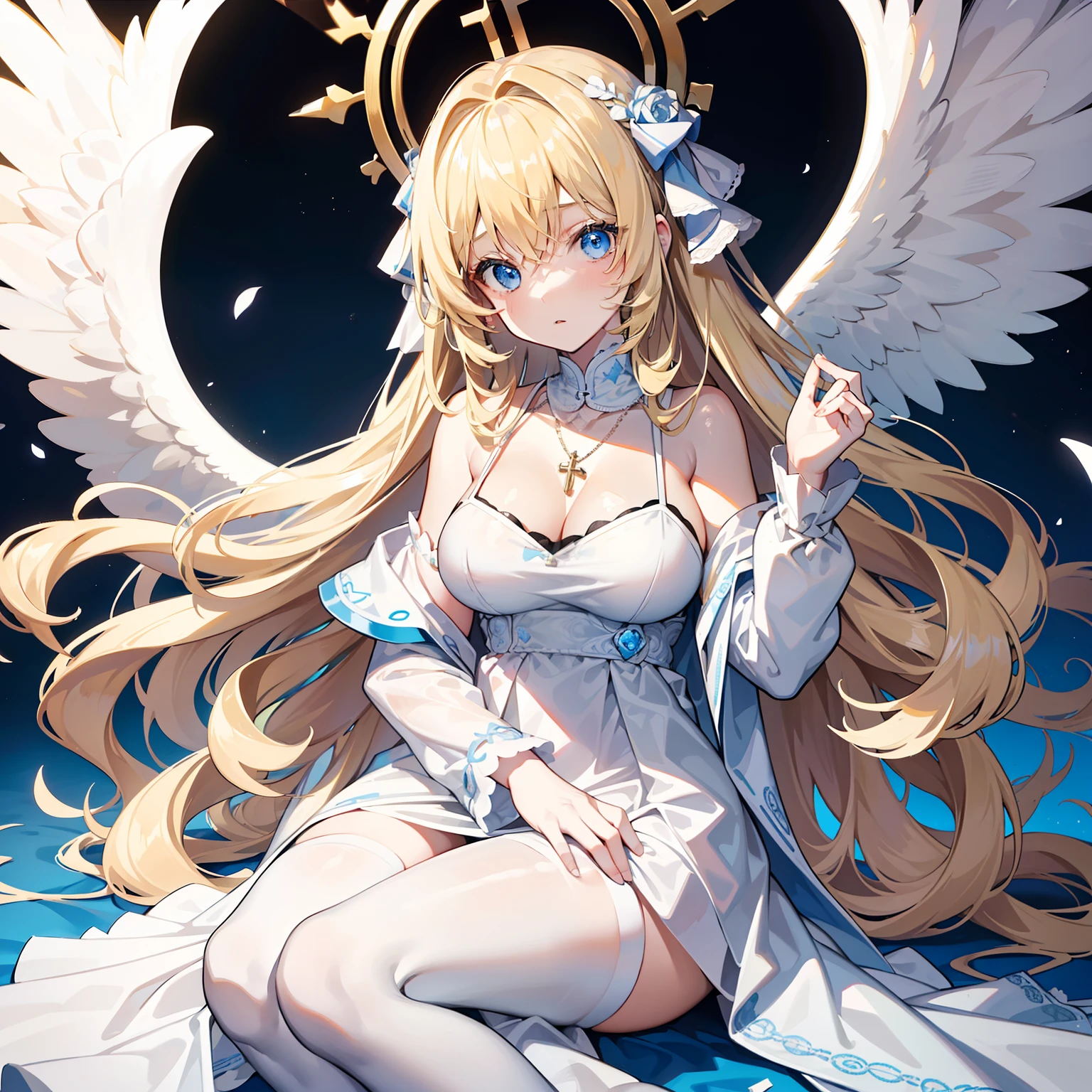 An angel with pale skin, long blonde hair and small breasts, with large feathered wings, naked, her feet are bare, her breasts are visible, her pubis is visible, eyes closed, mouth open, a hand rubbing her cunt, knees up and legs spread, lying down on an altar of white and gold, in full view in high quality