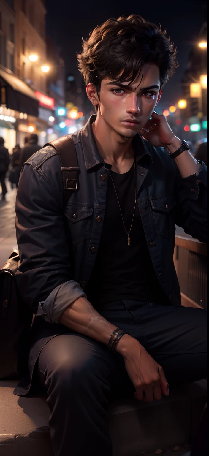 RAW photo, a young man sitting by a street at night, (high detailed skin:1.2), 8k uhd, dslr, soft lighting, high quality real face,