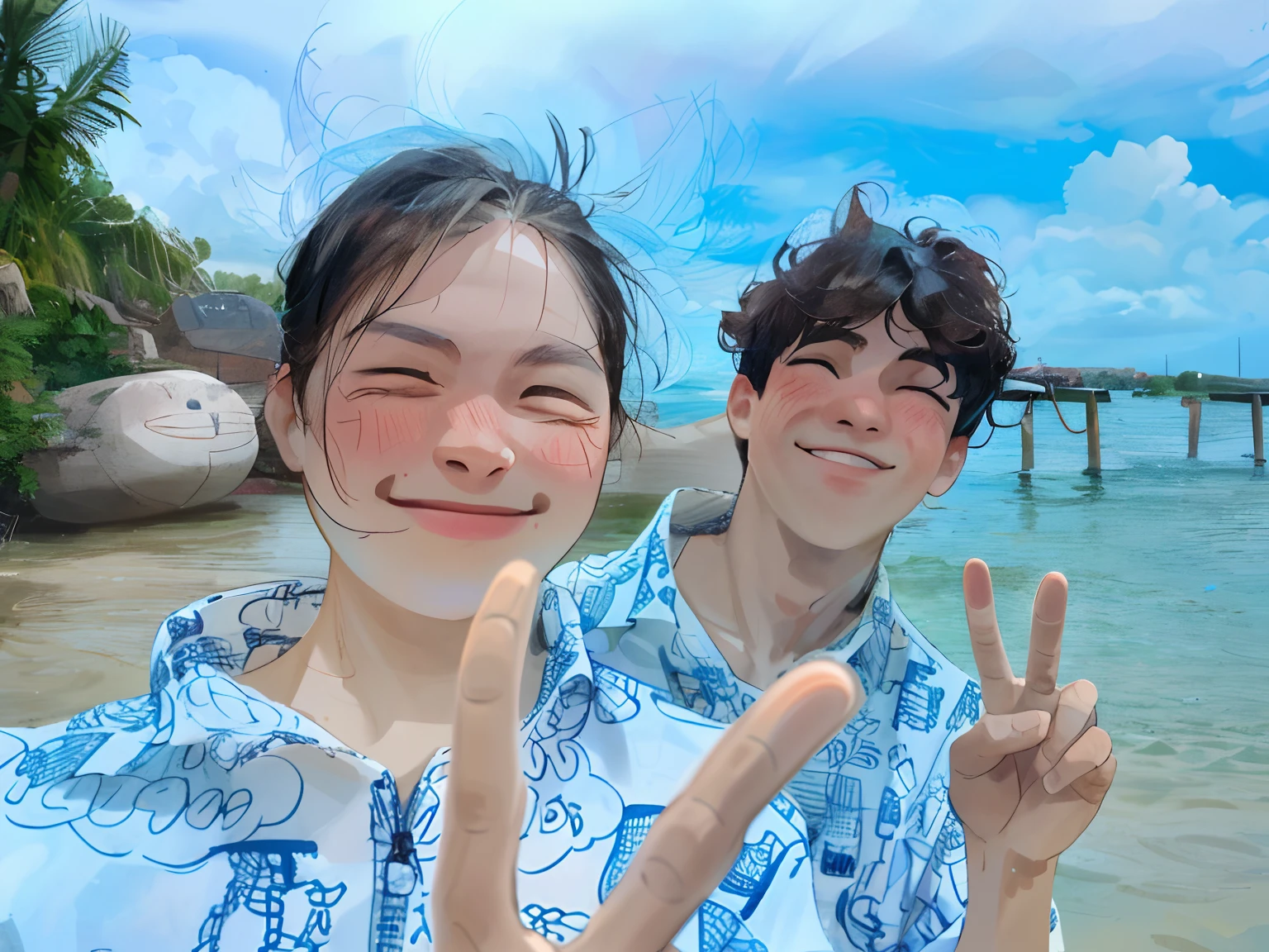(best quality, masterpiece), (1boy, 1girl, face-to-face:1.1), smile, upper body, blush, size difference, closed eyes,