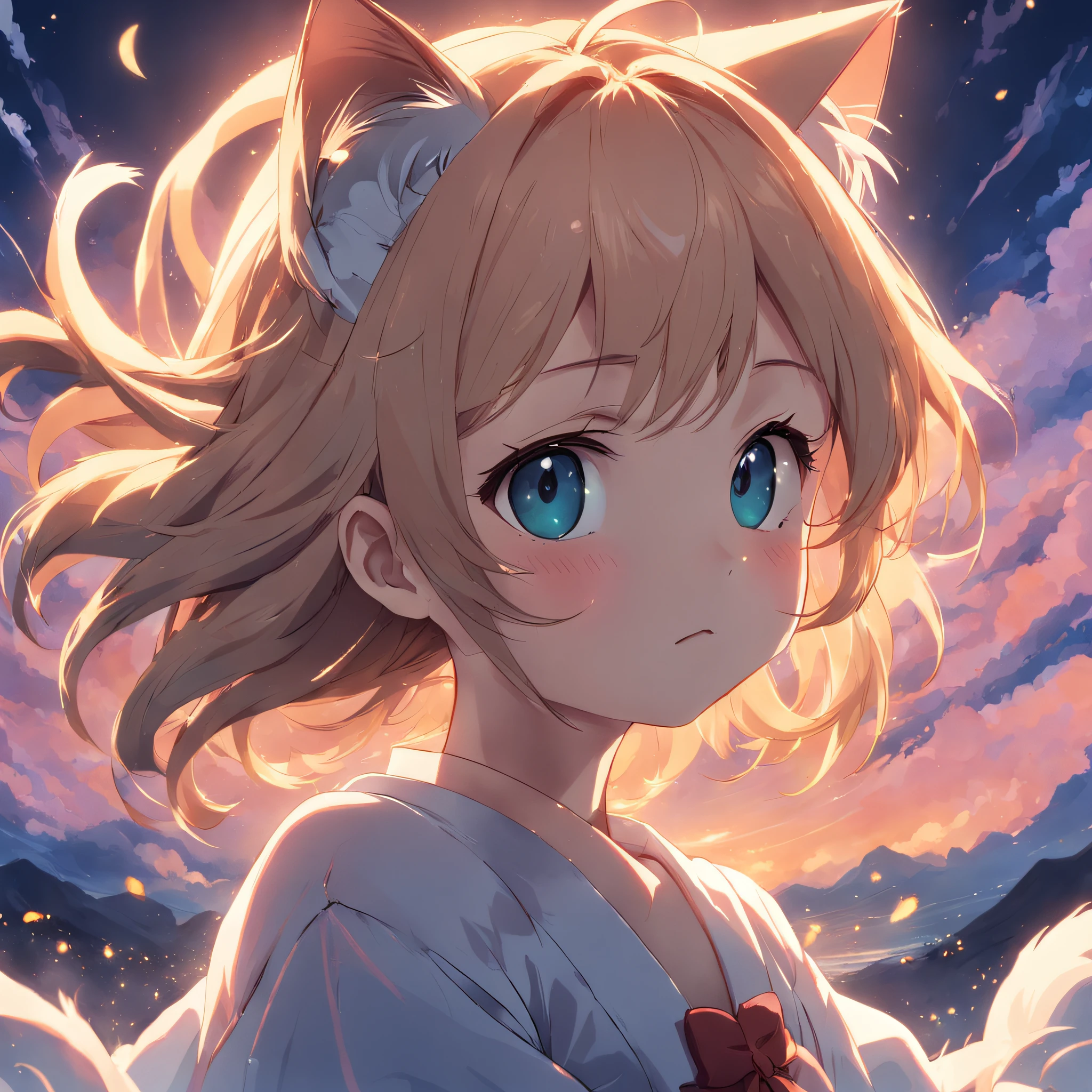 catss、masterpiece、top-quality、Movie stills、1girl、Cloud Girl、floating in sky、a closeup、with light glowing、happiness、Warm soft lighting、the setting sun、(Spark:0.7)