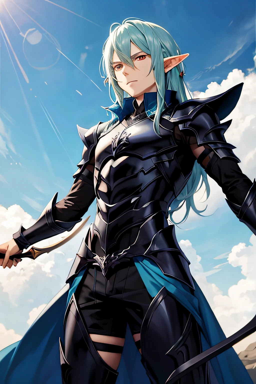 Elf male anime stile full dark armor possessed by a demon