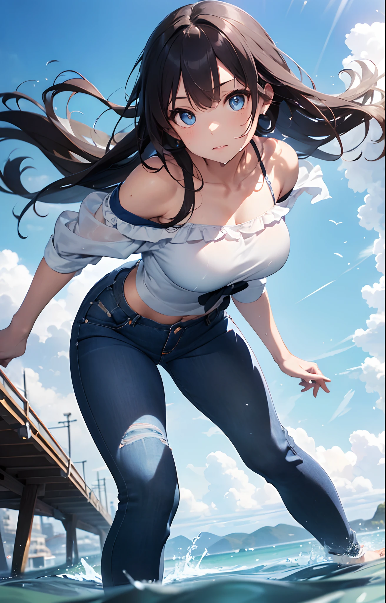 masterpiece, extremery magnificent view, perspective, extremery best quality, extremery detailed CG, 8k wallpaper, high resolution, highly detailed face, highly detailed eyes, perfect anatomy, super detailed skin,
(dynamic angle, dynamic pose:1.2), outdoors, beach, soothing waves, (portrait, legs focus, full body), (beautiful face, beautiful eyes, beautiful legs:1.3),
1 girl, solo, (white blouse, bare shoulder, blue jeans pants:1.3), (skinny jeans:1.3), large breasts, brown hair, long hair, wavy hair, open forehead, (barefoot), blue eyes, (in water), skinny, slender, wet, wide hips, thin waist