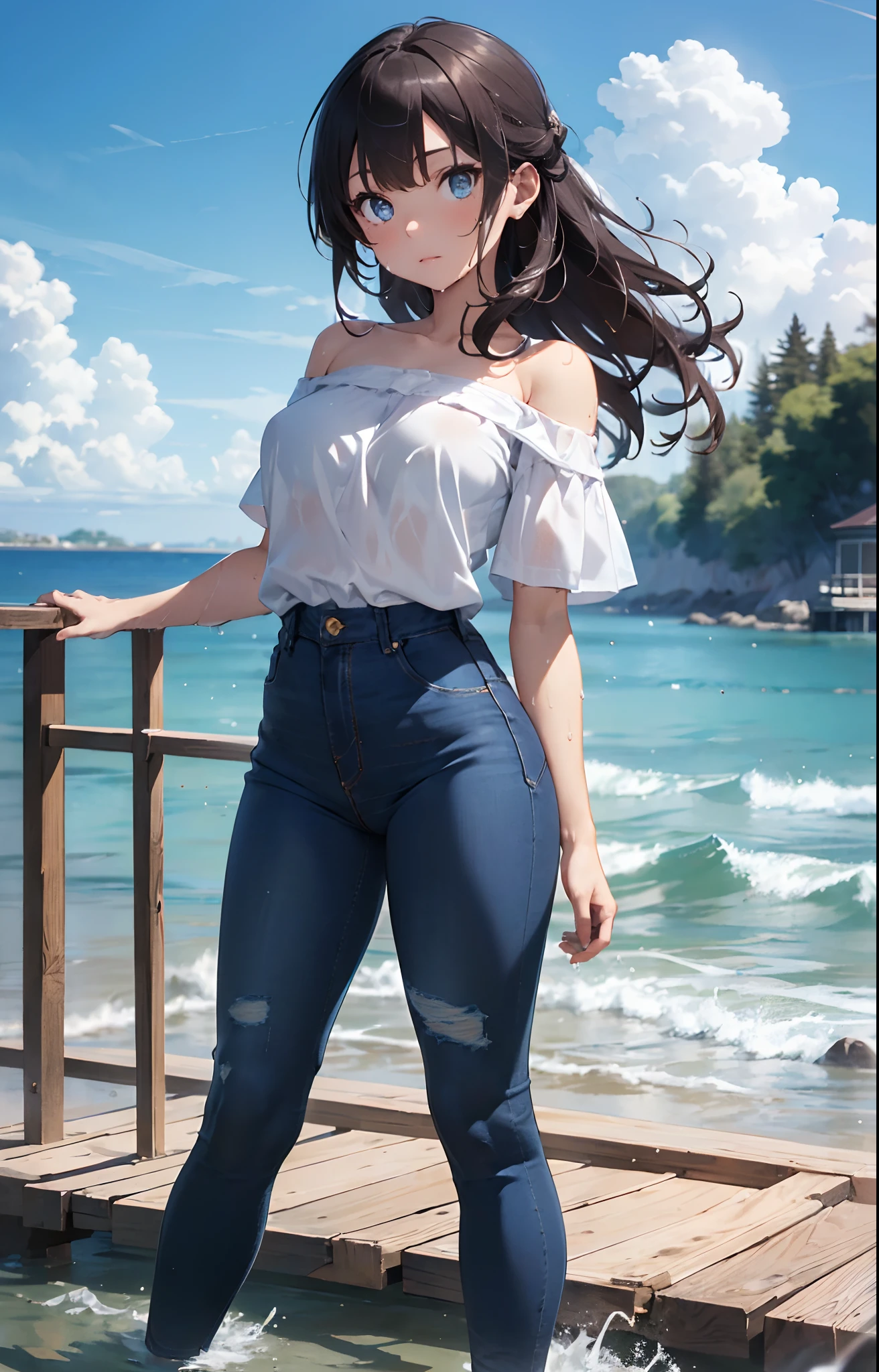 masterpiece, extremely nice view, aspect, extremely top quality, Extremely detailed CG, 8k wallpaper, high resolution, very detailed face, very detailed eyes, complete anatomy, highly detailed skin,
(dynamic angle, dynamic pose:1.2), outdoors, distance, elegy!!!, in the rain, (portrait, focus on legs, whole body), (beautiful face, beautiful eyes, beautiful bridge:1.3),
1 girl, alone, (white blouse), (blue denim pants:1.3), Wet blouse, bare shoulders, long sleeves, (thin jeans pants:1.3), wet pants, big bust, brown hair, long hair, 구불 distance는 머리카락, Open forehead, blue eyes, thin, slim, wide hips, thin waist