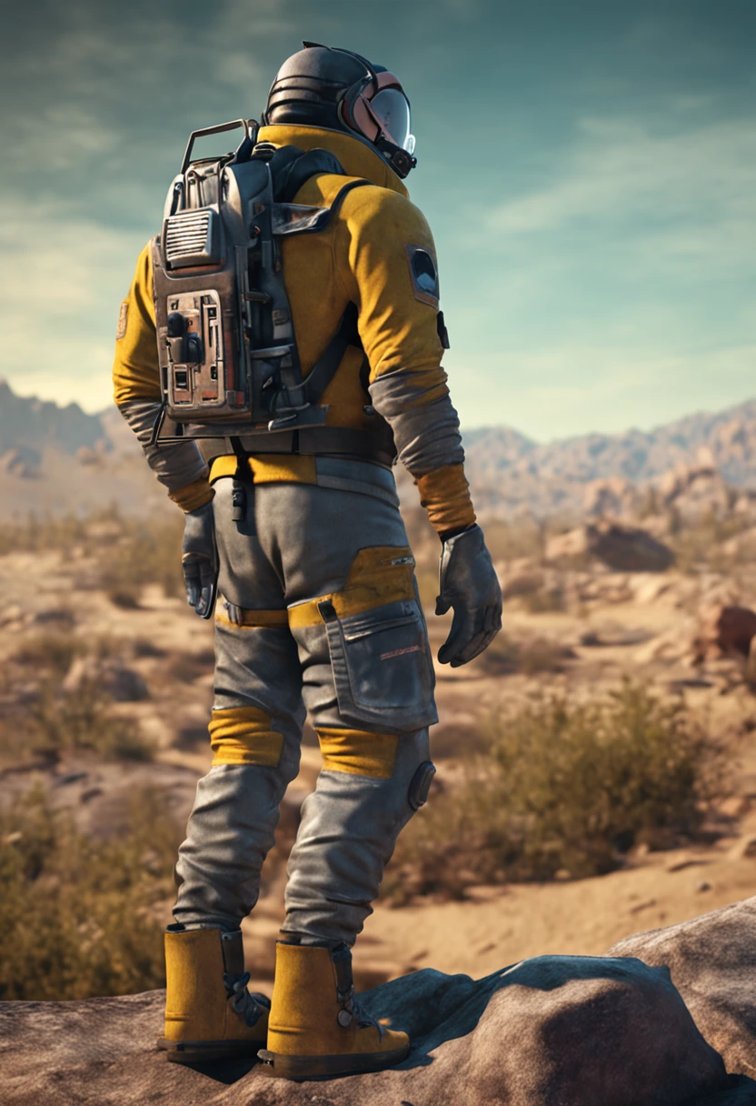 estilo quadrinhos jogo fallout anos 2000, A guy on his back wearing a Vault Tech jumpsuit