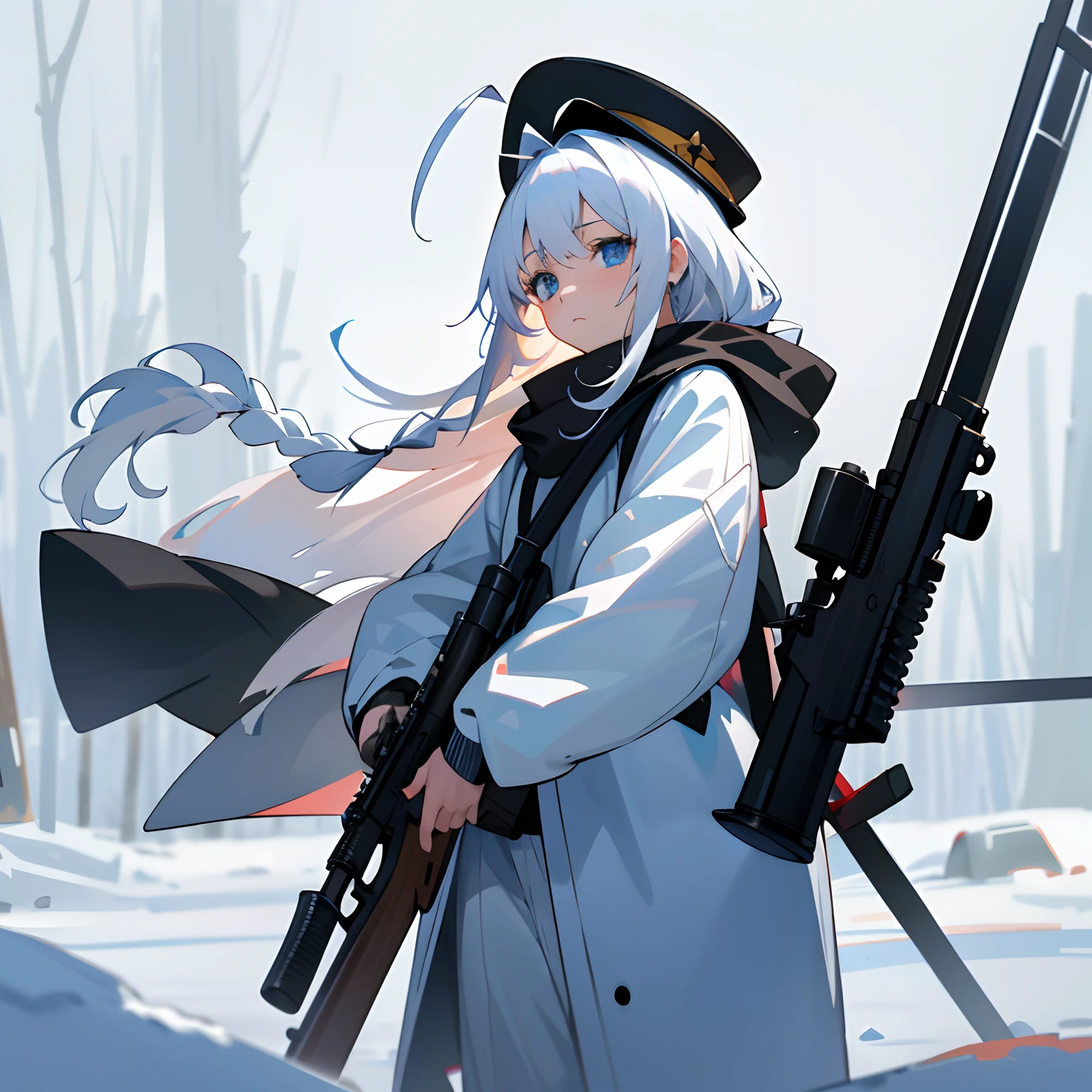 ((Masterpiece,Best quality,Detailed)) 8K, 4K, A high resolution, 1girll, Solo, ph elaina, Majo no tabitabi, White hair, ahoge, Long hair, Braid, Blue eyes, :<, winter, Snow, Snowsuit, Gun, arma, rifle, holding weapon, Keep the trap, Headwear