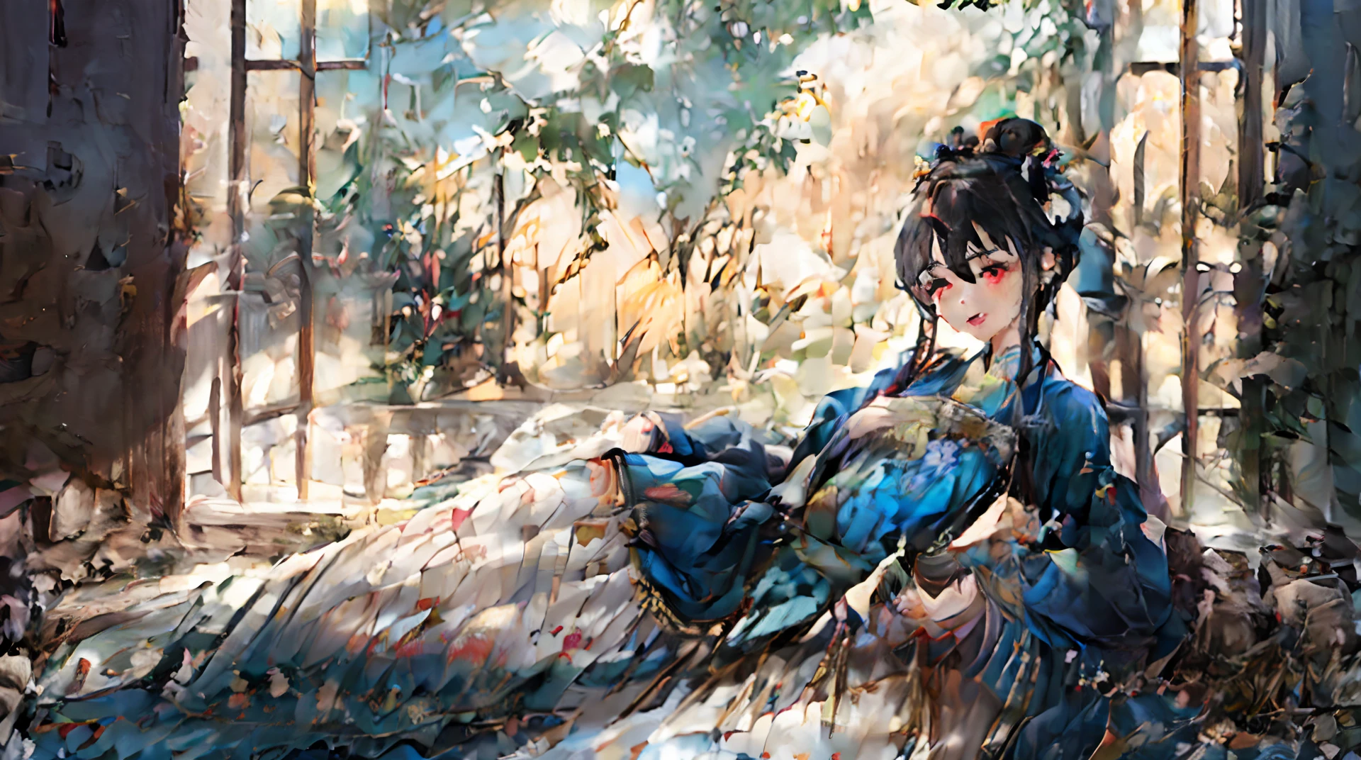 Masterpiece, Best quality, A high resolution, 超A high resolution,anime big breast,1 female,mid afternoon,Natural lighting,view the viewer,indoor,full bodyesbian,Hat,cheerfulness,lying down,chinese clothes style,Bra,Stockings,sky,flower,Plump body,Oval face,High ponytail,Long hair,details eyes,details lips,Large breasts,Slim waist,Slim thighs,anklet