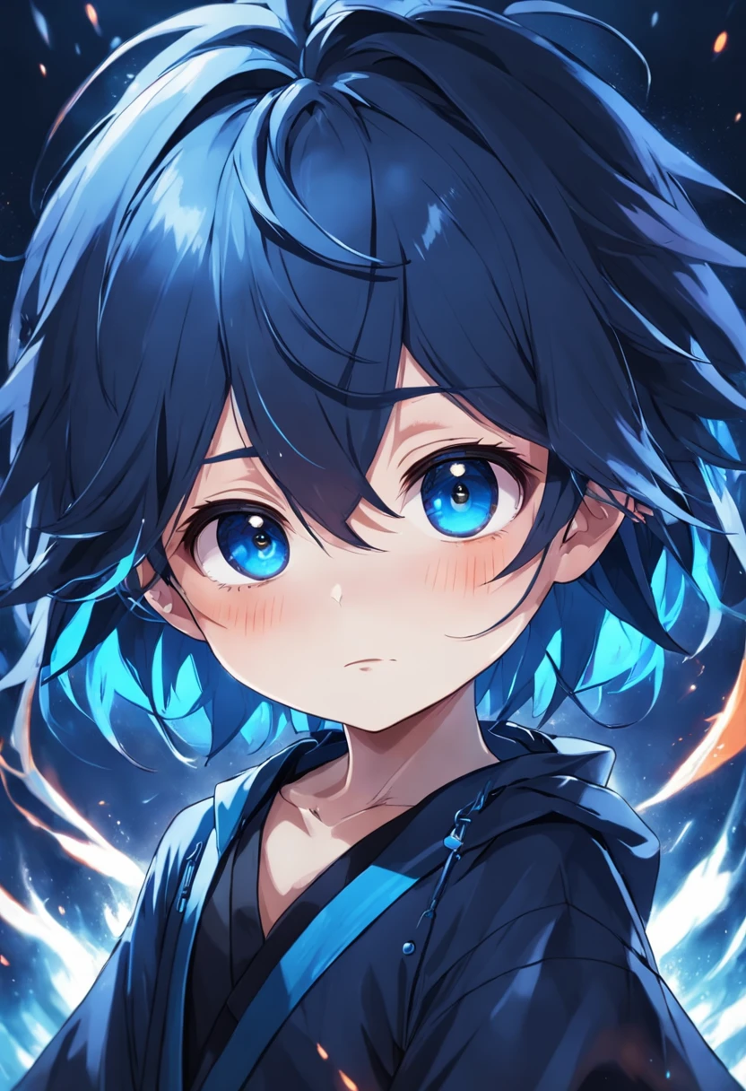 a boy cute chibi , hair blue , eyes black