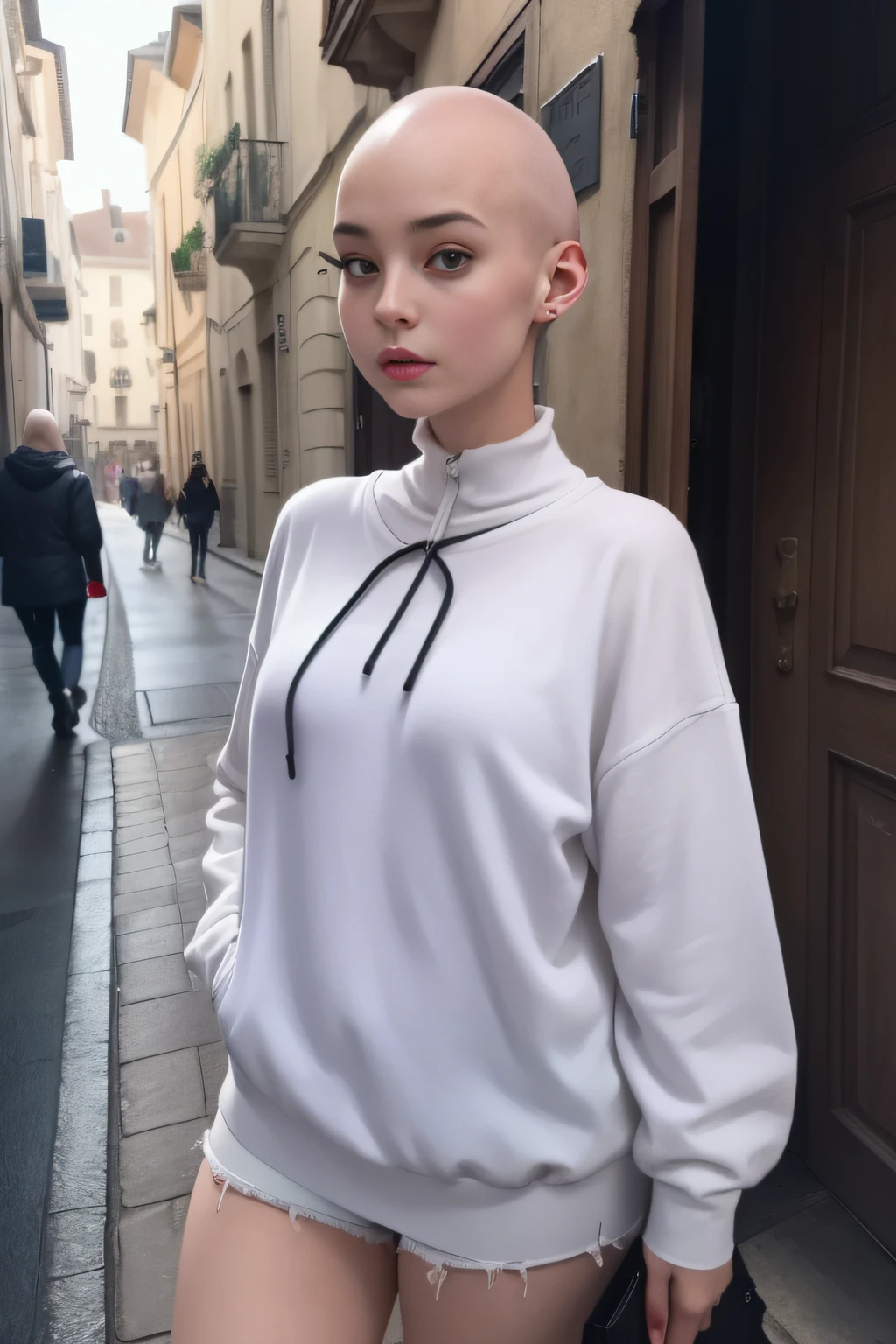 Une adolescente nue s'exhibe devant les passants,  very excited, ouvrant la bouche, tirant la langue, Cheveux courts, dans les rues d'une ville, A photorealistic painting, inspired by Yanjun Cheng, Gagnant du concours Artstation, petit loli sineux, Realstic, of youthful American beauty, Realistic cartoon, loses hair very quickly in the rain by going bald, (((((fille chauve))))), (((((nu))))), (((((no clothe))))),