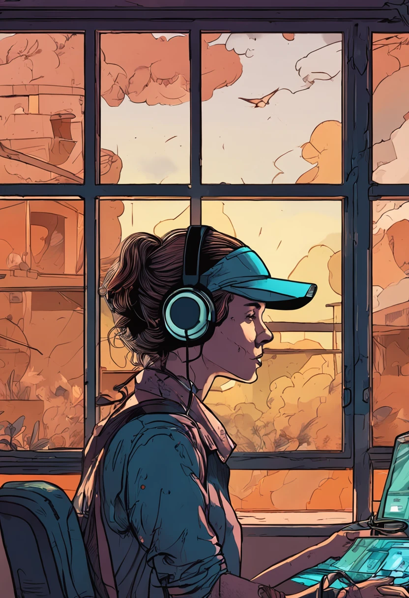 DETECTORIST looking out the window having a headset on her head and playing with the pc mouse. Background wall have a peaceful painting