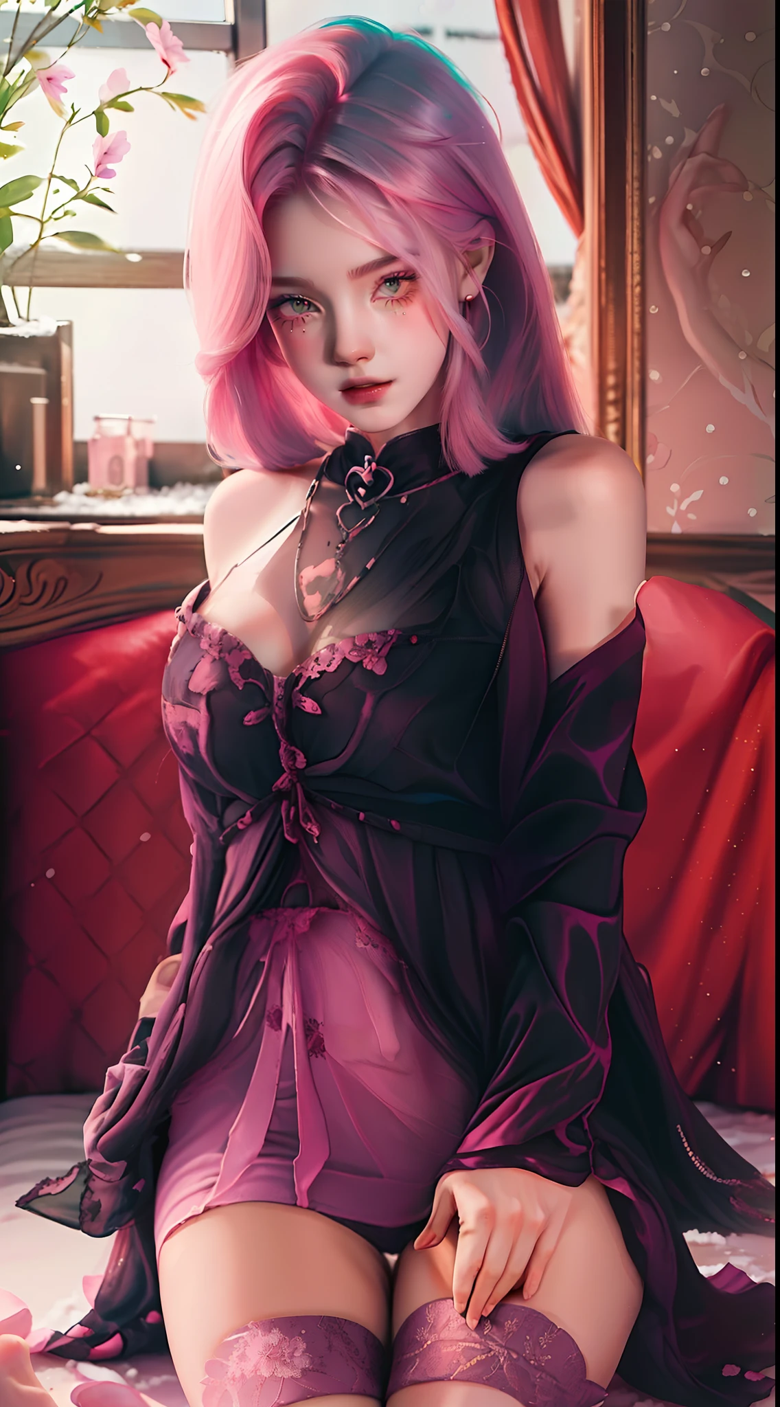 girl,tmasterpiece,Innocent face,Bob Head,White bra,did not wear panties,The lower body is naked,Bare legged,Barefoot,standing on your feet,Snow-whiteskin,overcast day,with pink hair,a pink eyes,thick thight,the wallpaper,NSFW