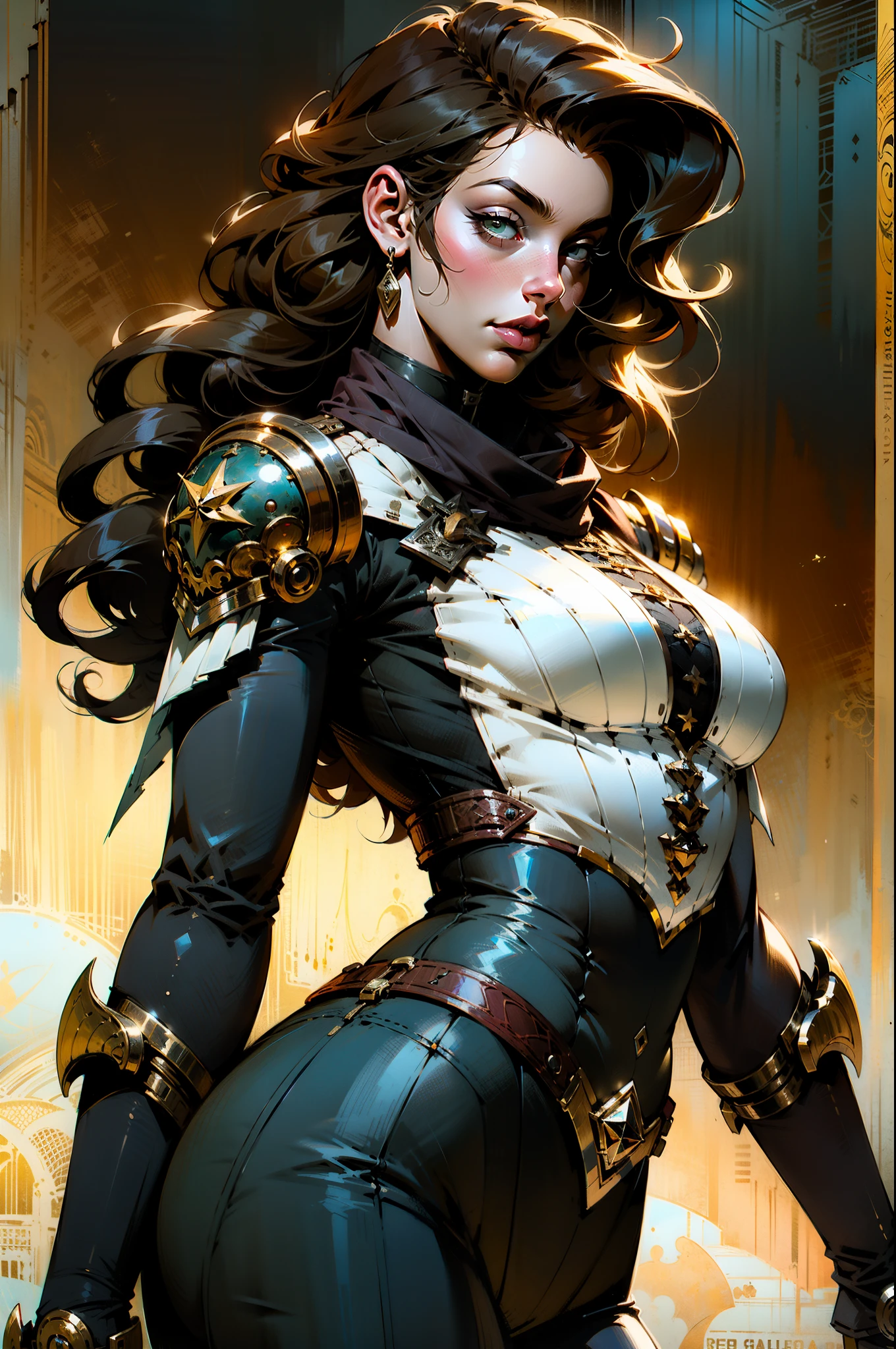 (((mulher))), (((melhor qualidade))), (((obra prima))), (((adulto))), ((( 1girl ))), solo, ((( plano americano ))), Uma guerreira steampunk mulher de 35 anos com corpo perfeito, Gladiadores do Brooklyn, (( seios nus )), (((Capuz vermelho))), quase nua no estilo selvagem urbano de Simon Bisley para a capa da revista Heavy Metal, cabelo verde, Minimum clothing, red and white checkerboard pattern, armadura, cheio de pontas e rebites, tatuagem tribal, (((da cintura pra cima))), cabelo verde desalinhado