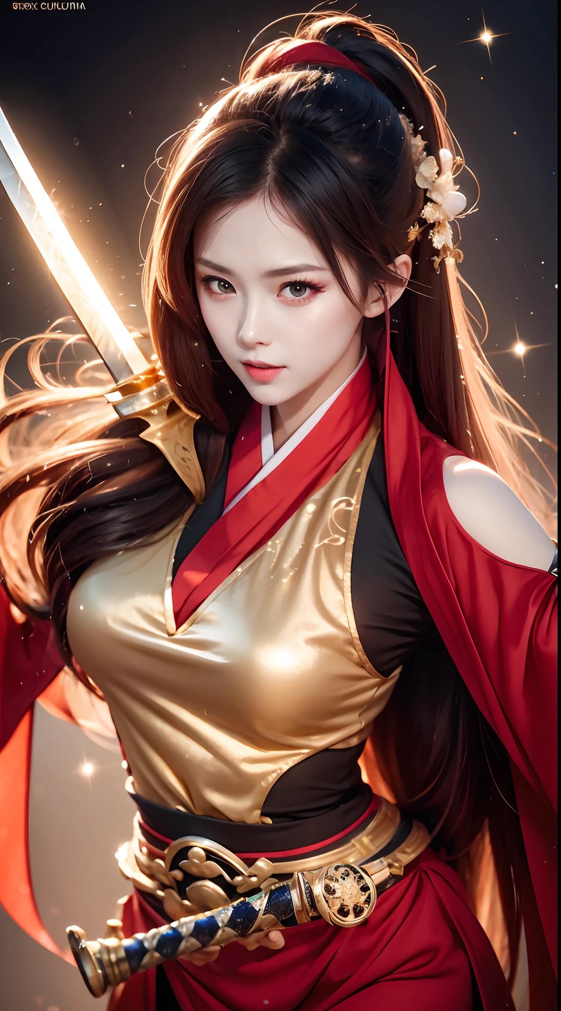 Female ninja，Gold eye patch，red color Hanfu，Wire elbow sheath，Dance with the glittering sword，Jump status，blasts，tentaculata，ultra hd photo。