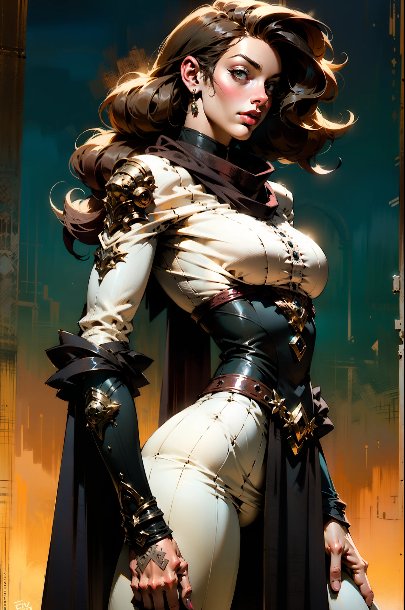 (((mulher))), (((melhor qualidade))), (((obra prima))), (((adulto))), ((( 1girl ))), solo, ((( plano americano ))), Uma guerreira steampunk mulher de 35 anos com corpo perfeito, Gladiadores do Brooklyn, (( seios nus )), (((Capuz vermelho))), quase nua no estilo selvagem urbano de Simon Bisley para a capa da revista Heavy Metal, cabelo verde, Minimum clothing, red and white checkerboard pattern, armadura, cheio de pontas e rebites, tatuagem tribal, (((da cintura pra cima))), cabelo verde desalinhado