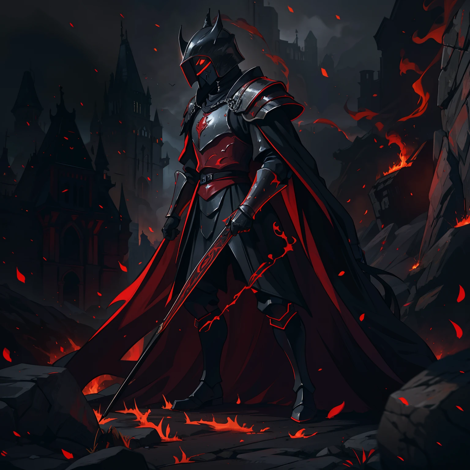 A medieval knight a soldier in his red and black armor with a red thread on the helmet completely covered by the armor with a dark helmet that hides his face a dark knight in a dark castle of black rocks dark colors he is wearing black armor and dark and elegant as an attractive villain is wearing dark medieval black armor Use dark shades The image has to portray the essence of a villain with dragon clothes the essence of fire she is inspired by the volcanoes her dark essence through a medieval RPG art Conceptual Game Art rpg medieval art art illustration rpg he is young and beautiful a villain with an impressive beauty like that of a seductive vampire a villain smile with a gentle look red and black armor