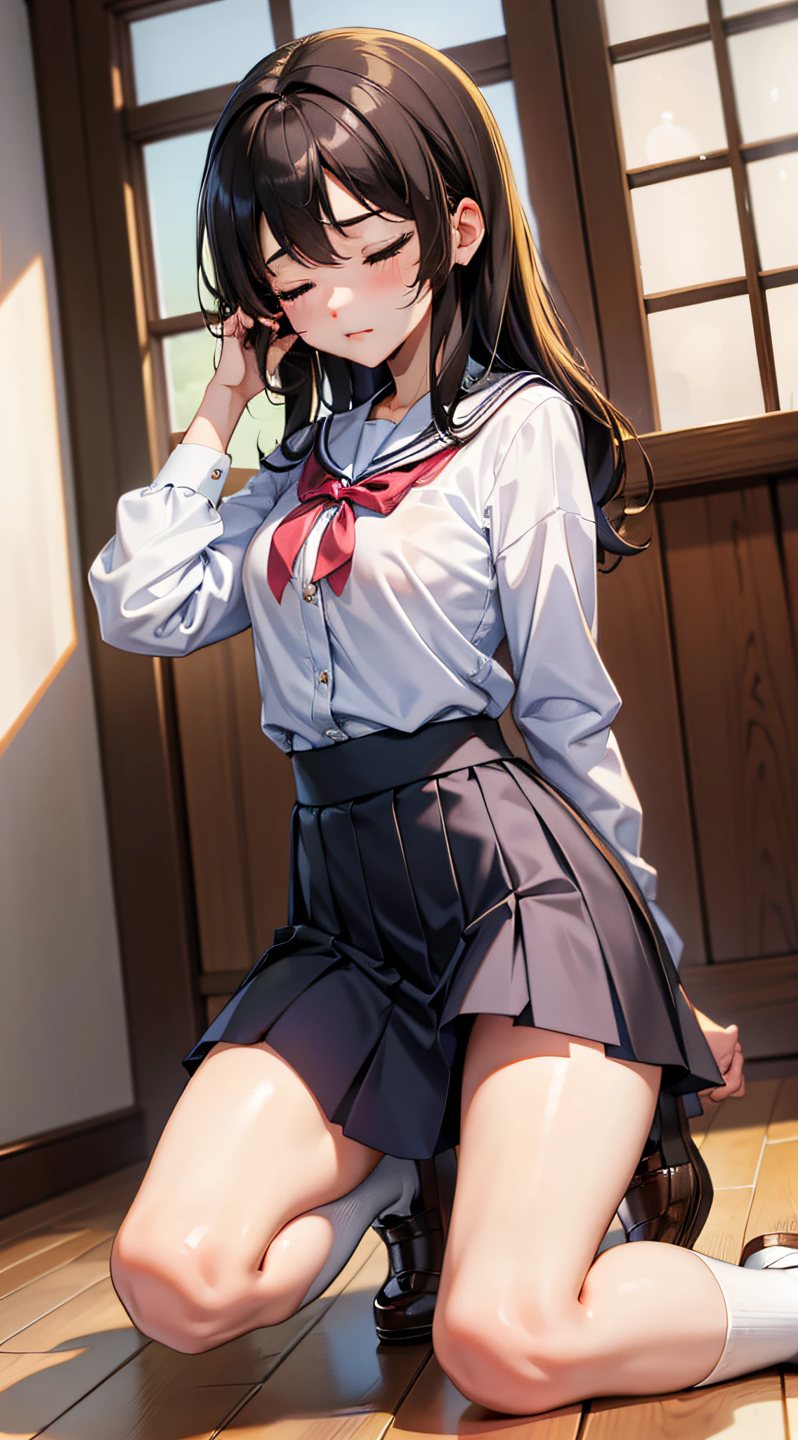 indoor, bedroom, , long hair, brown hair, brown eyes, (perfect skin, realistic skin), seifuku, white shirt, white panty, white socks, fine fabric emphasis, sexy:1.1, (smile, blush:1.2),  TakagiSanFirstStyle, (master piece:1.4, best quality:1.4, intricate details, highres, 8K, 4K, UHD, Ultra Detailed 8K CG, ultra high res, High quality texture, High quality shadow, HDR), skirt lift pov, from below, lifted by self