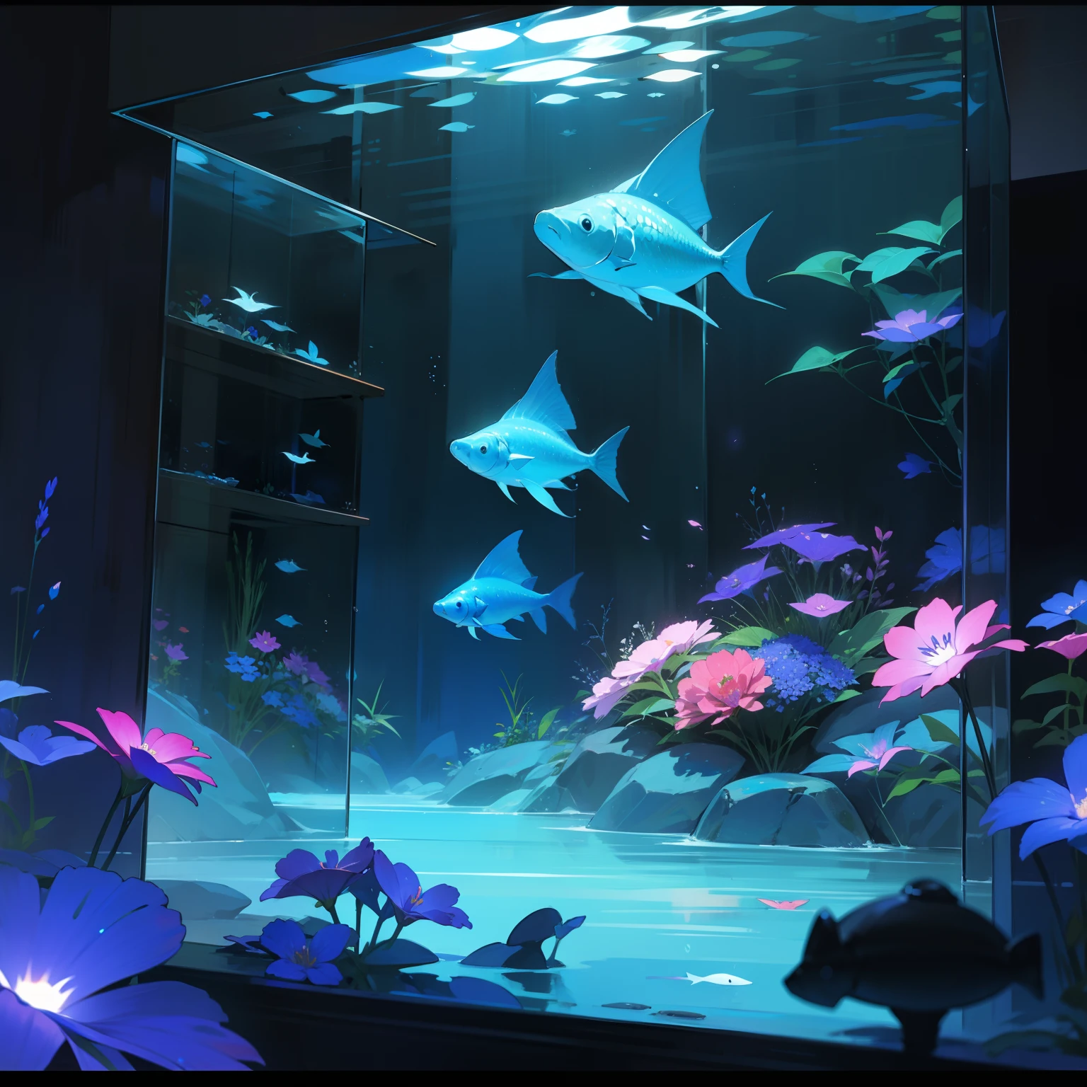 Flowers in a small glowing aquarium、Lots of tanks、Art in the Dark Exhibition、florals、Japanese dress、Black and colorful world
