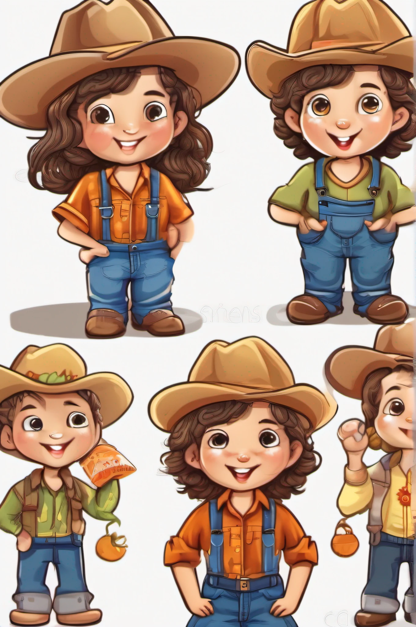 pequeno agricultor, various expressions on white background, childish illustration style, simples, fofo, 6 anos, Cores, Cabelos castanhos escuros, Cor lisa, camisa do fazendeiro, jeans curto sem cinto, without glasses, sem mochila, sem livro