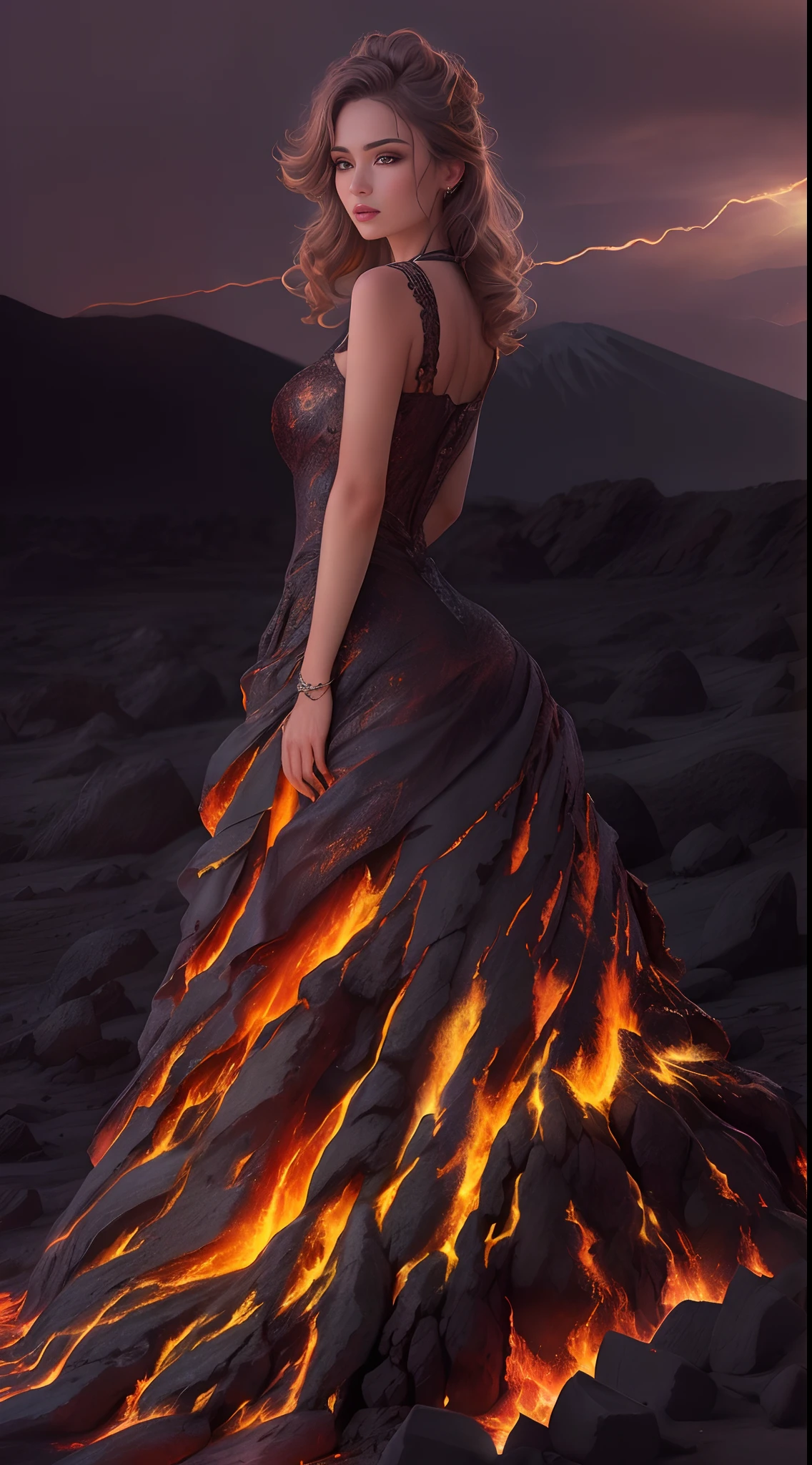 Arafed hermosa Mujer con un vestido de pie frente a un campo de lava, vestido hecho de fuego, Vestido de fuego, Vestido completo de Lava Showcase, Diosa de la lava y el fuego, Diosa del Fuego, Usando llamas de tumultus, Corrientes de lava caliente y brillante, Las llamas la rodean, De pie en el fuego, lava que fluye, hecho de lava, dramatic lighting from fire glow, lava:1.4,fuego:1.4,