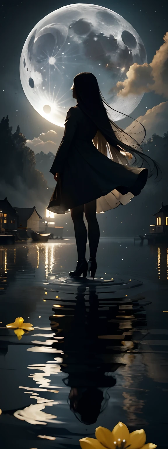 One in a white dress(bit girl:1.5)Look up at the stars,(Stand on the shore:1.1),at the lakes,facing away from the audience,Dark black(Long flowing hair:1.2),The vast night sky has many shining stars,(A round of brilliance(themoon:1.2)Hang high in the night sky),The clear moonlight rippled through the clouds on the water,(The reflection of the ancient town buildings appears on the water),The surface of the water is illuminated by moonlight,Boats on the river,(ultra-wide-angle),(The vertical picture is wide),(Highlight the vastness of the night sky),(Map of Jiangnan Water Town),There is a visual effect of the wind blowing in the air,From the bottom point of view,Melancholic tones,(There are small yellow flowers:1.1),(light and shadow effect),(Depth of field effect),(Tyndall),(Light particle tracing),(Motion picture film effects),(rendering by octane),(CG),(Cinematic lighting visuals),(vivd colour),(Obvious layers),(Photography Award),(8k wallpaper),(Master painting),(Masterpiece),(best qualtiy), photorealestic,realisticlying,Ray