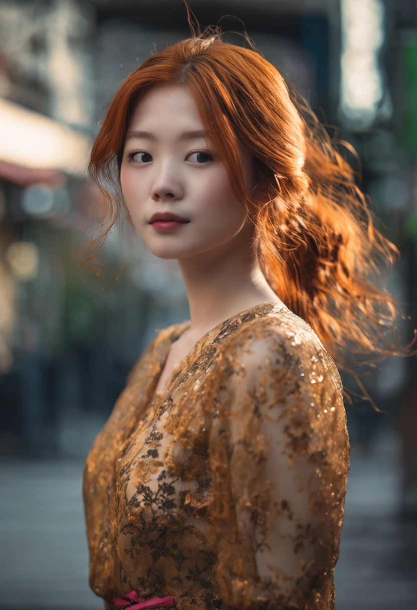 messy long flowing ginger hair, ( gold|black translucent:1.4 cheongsam:1.331), asian redhead ginger girl (18 years old), (freckles, pale skin), defined jawline, smaller head, gorgeous and seductive