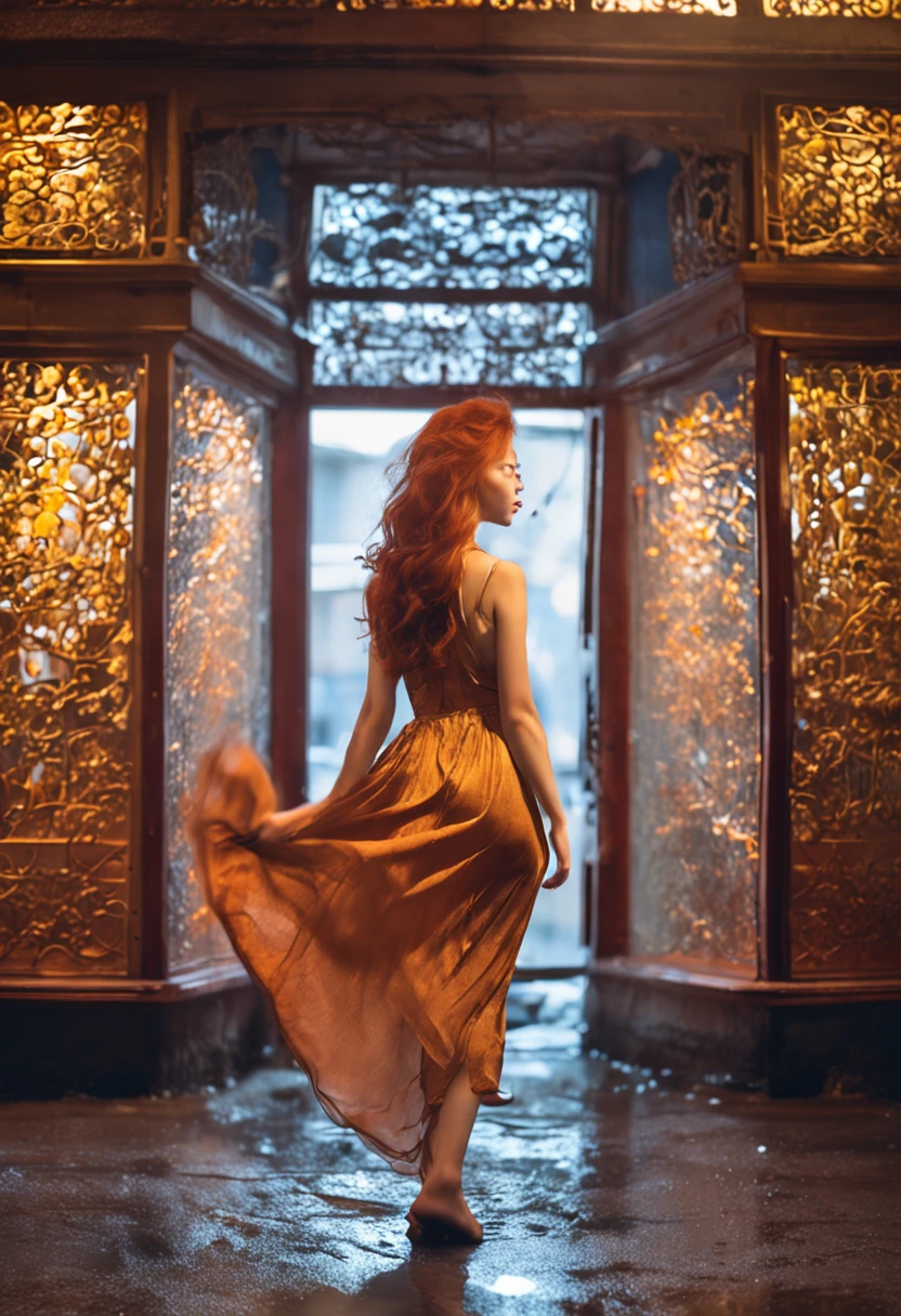 messy long flowing ginger hair, ( gold|black translucent:1.4 cheongsam:1.331), asian redhead ginger girl (18 years old), (freckles, pale skin), defined jawline, smaller head, gorgeous and seductive