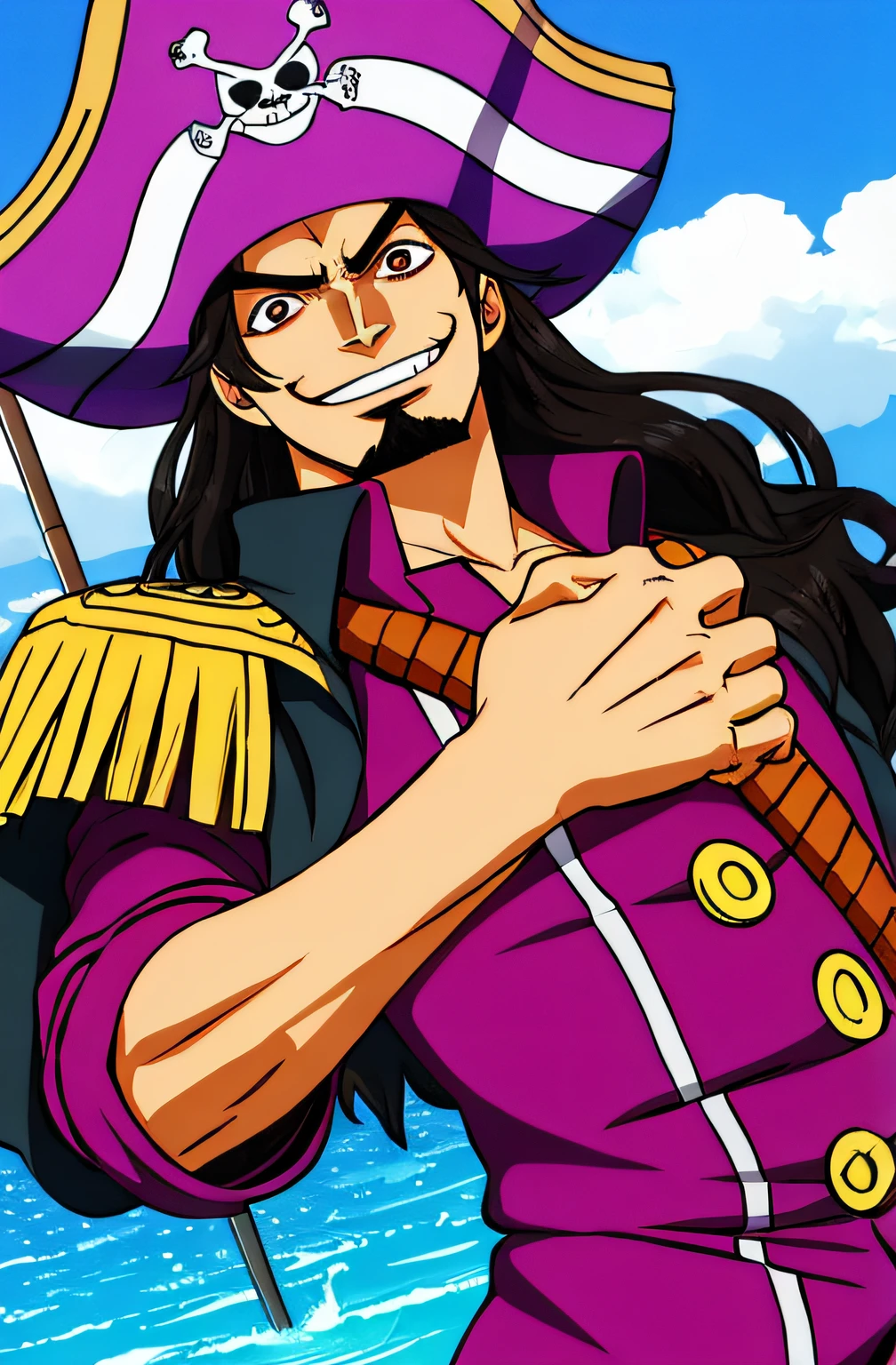 1boy, wanostyle, 1boy, wanostyle, (((high quality))), pirate with long black hair, dark brown eyes, goatee, a scar on his eyes Left, wearing a purple pirate captain outfit, looking to the viewer, smirking, very happy, wearing a captain's cap, ((masterpiece)), (best quality), (extremely detailed), on a ship on the high seas, with a pirate sword in his hand