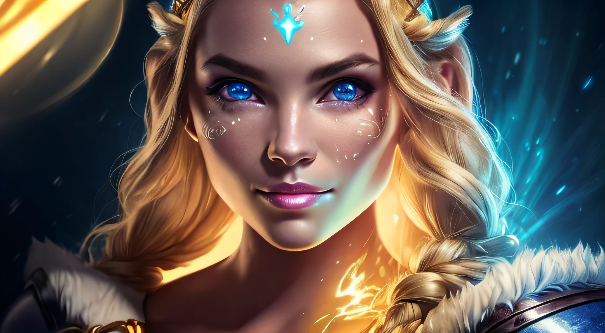 solo female viking, with wolf pet, Glow, seductive, glowing blue eyes, fire, platinum blonde, (blonde:1.1), sexy, small chest, small breasts, highly detailed eyes, (ultra photorealistic:1.3), ((realistic)), ultra detailed, ((real image)), ((realistic skin)), ((realistic face)), (beautiful:1.05), (beautiful detailed eyes:1.50), (cinematic light:1.1), turquoise blue detaches, model pose, evil, divine, (glow:1.60), fire, Elemental, 1 braided ponytail, full body pose, (detailed glowing golden skimpy viking armor), realistic long Viking spear in hand, evil smirk, braided ponytail, glowing eyes, aurora borealis, castle, (illustration:1.05), Realism, depth of field, glowing light, masterpiece, super detail, anatomically correct, award winning, best quality, high details