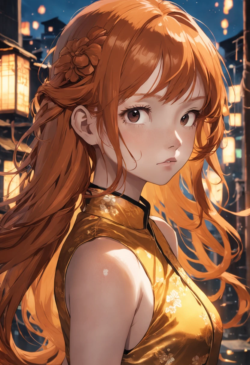 messy long flowing ginger hair, ( gold|black translucent:1.4 cheongsam:1.331), asian redhead ginger girl (18 years old), (freckles, pale skin), defined jawline, smaller head, gorgeous and seductive