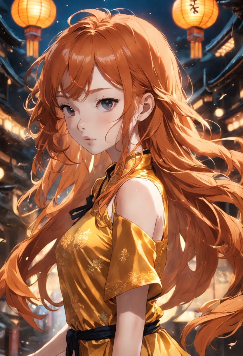 messy long flowing ginger hair, ( gold|black translucent:1.4 cheongsam:1.331), asian redhead ginger girl (18 years old), (freckles, pale skin), defined jawline, smaller head, gorgeous and seductive