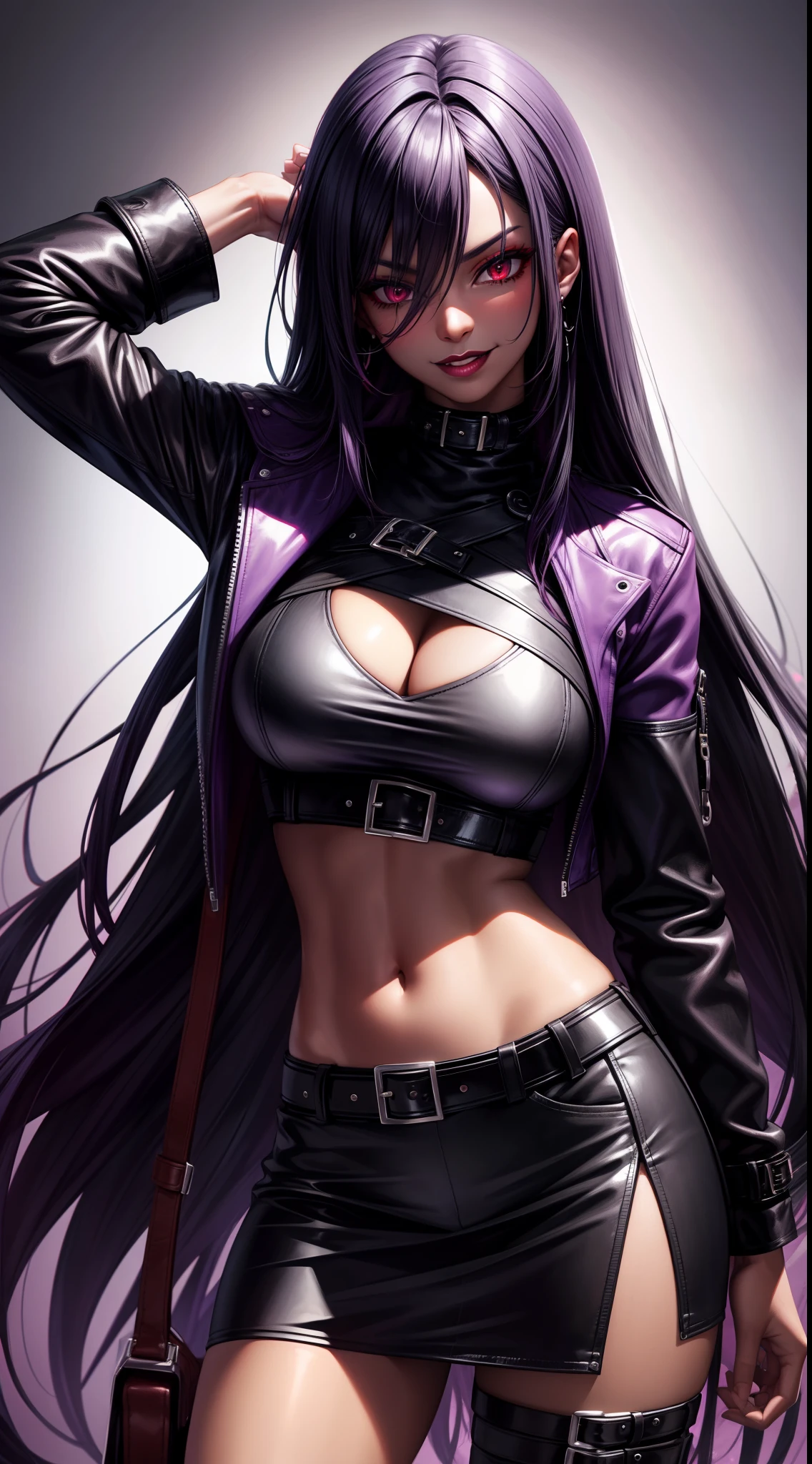 Adult woman, black skin, long purple hair, red eyes, purple top, leather jacket, leather skirt, smirk, open belly, open breasts, black lipstick, Masterpiece, hiquality