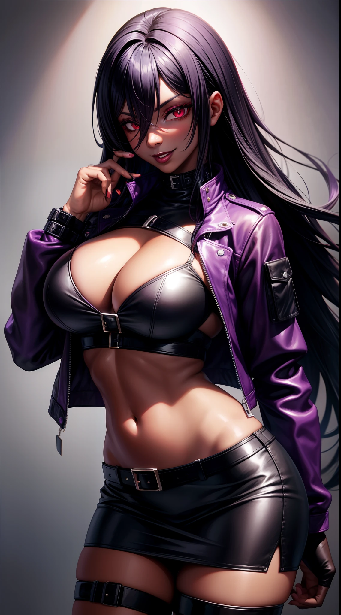 Adult woman, black skin, long purple hair, red eyes, purple top, leather jacket, leather skirt, smirk, open belly, open breasts, black lipstick, Masterpiece, hiquality