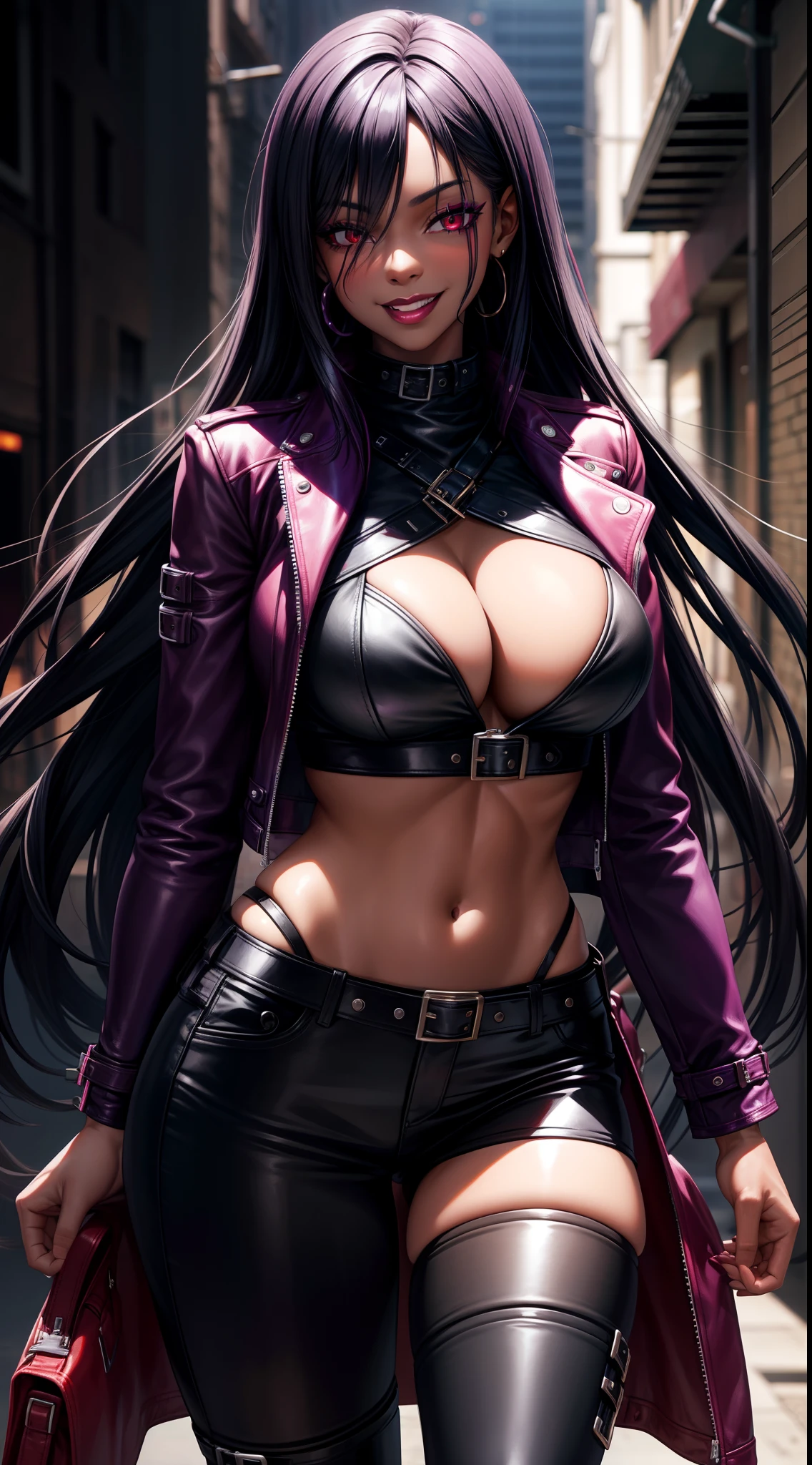 Adult woman, black skin, long purple hair, red eyes, purple top, leather jacket, leather skirt, smirk, open belly, open breasts, black lipstick, Masterpiece, hiquality