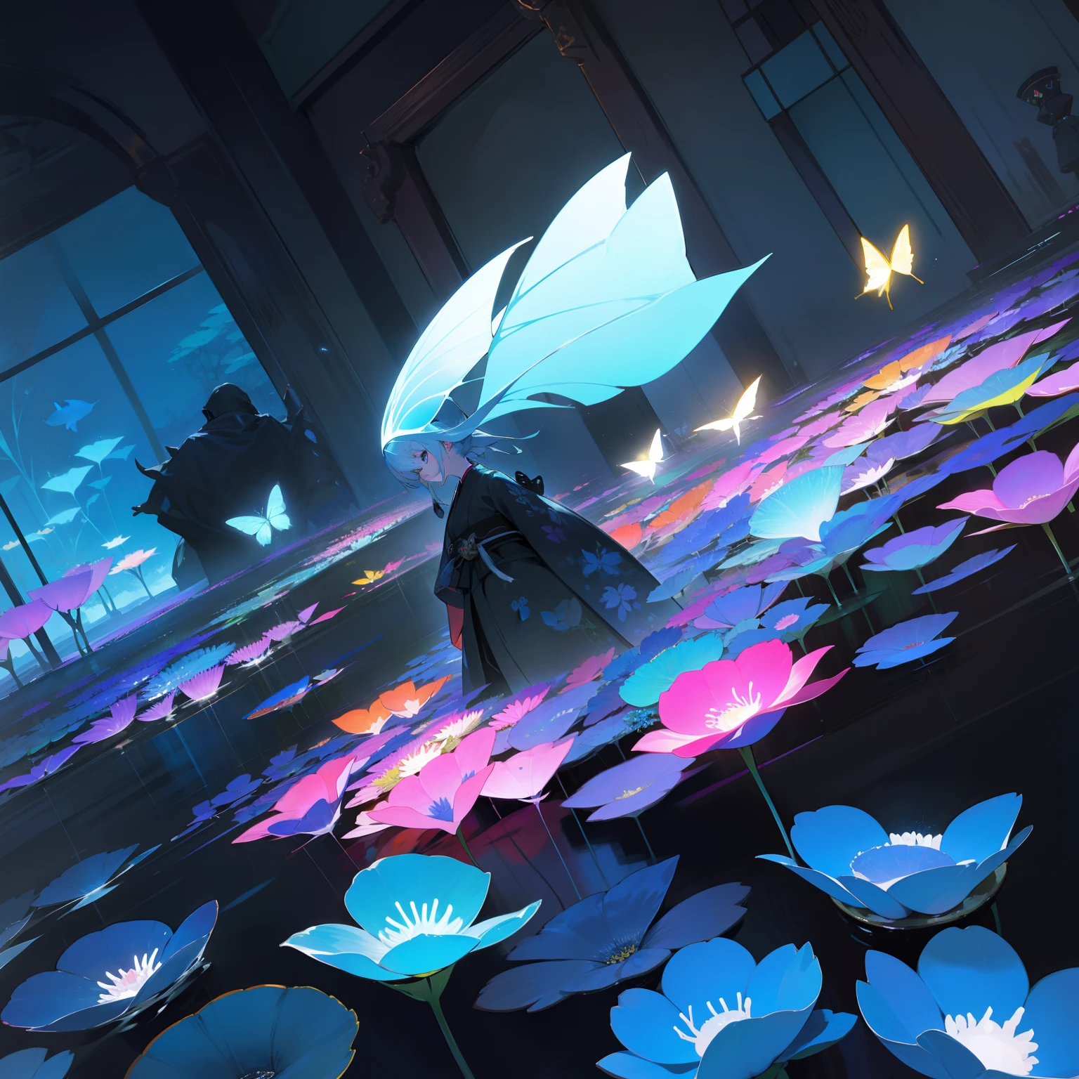Small glowing aquarium flowers、A lot of tanks、Art in the Dark Exhibition、florals、Japanese dress、Black and colorful world、femele、beautifly