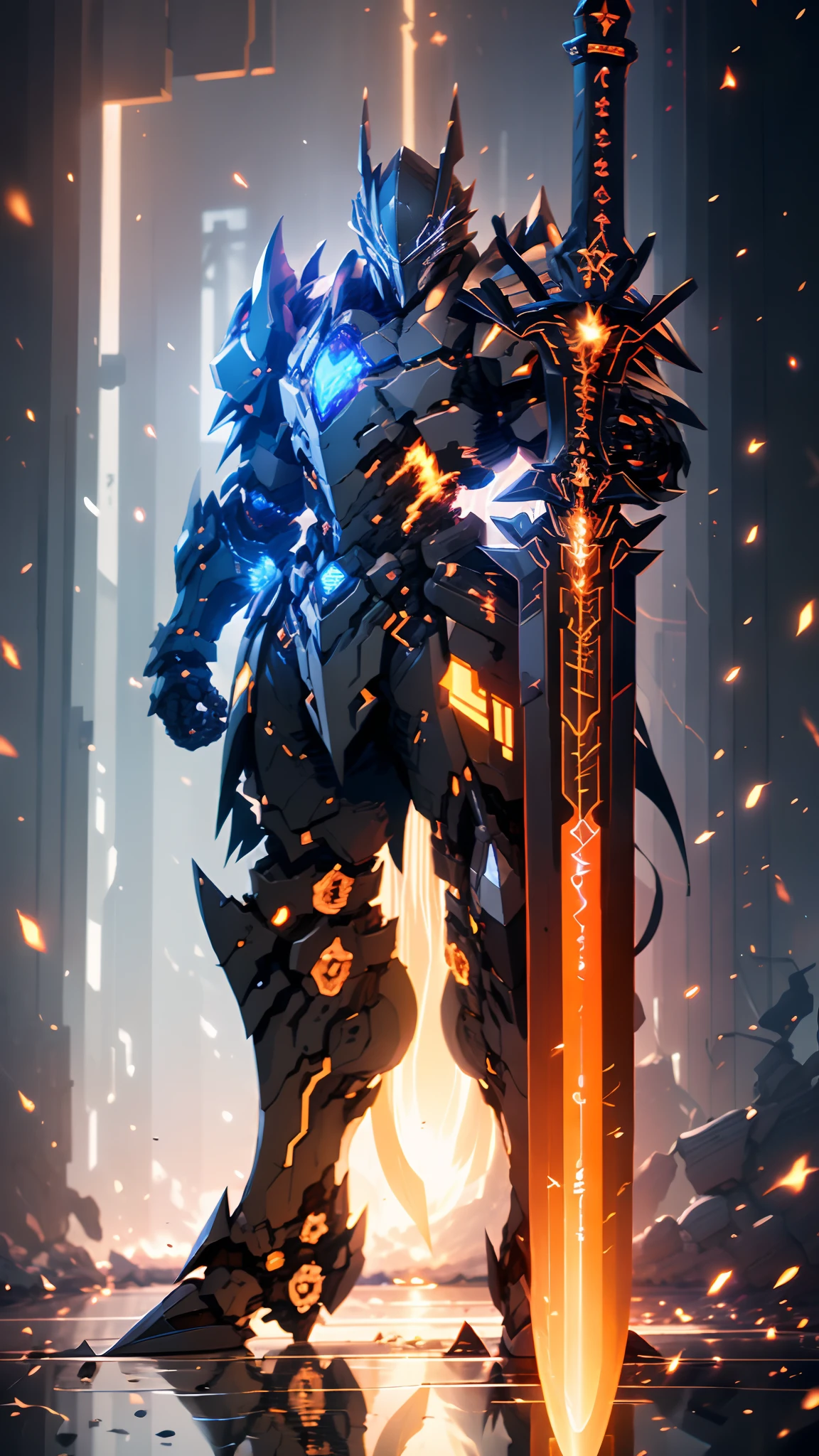 arafed knight in armor standing in a dark room with a sword, black fire color reflected armor, cyberpunk flame suit, berserk skullknight black armor, heavy metal armor, cybernetic flame armor, black heavy armor, corrupted armor, cybernetic fire armor, full body x-force outfit, heavy black obsidian armor, spiked scrap metal armor