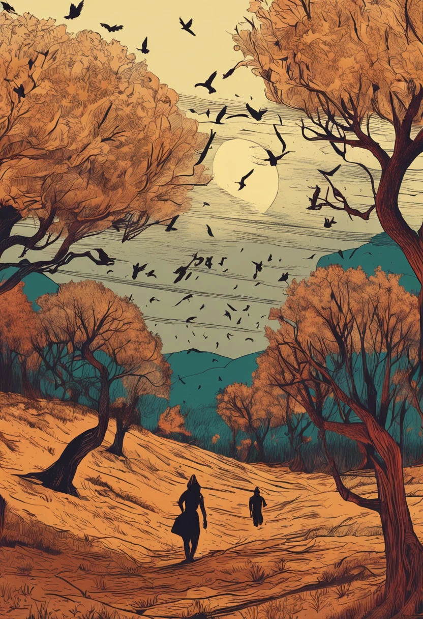 drawing of a big group of people walking in a field with a crows flying overhead, drawn in dark fantasy realisticstile, middle age, , tree's, dark fantasy, Autumn colors , autumn time, leaves in the wind