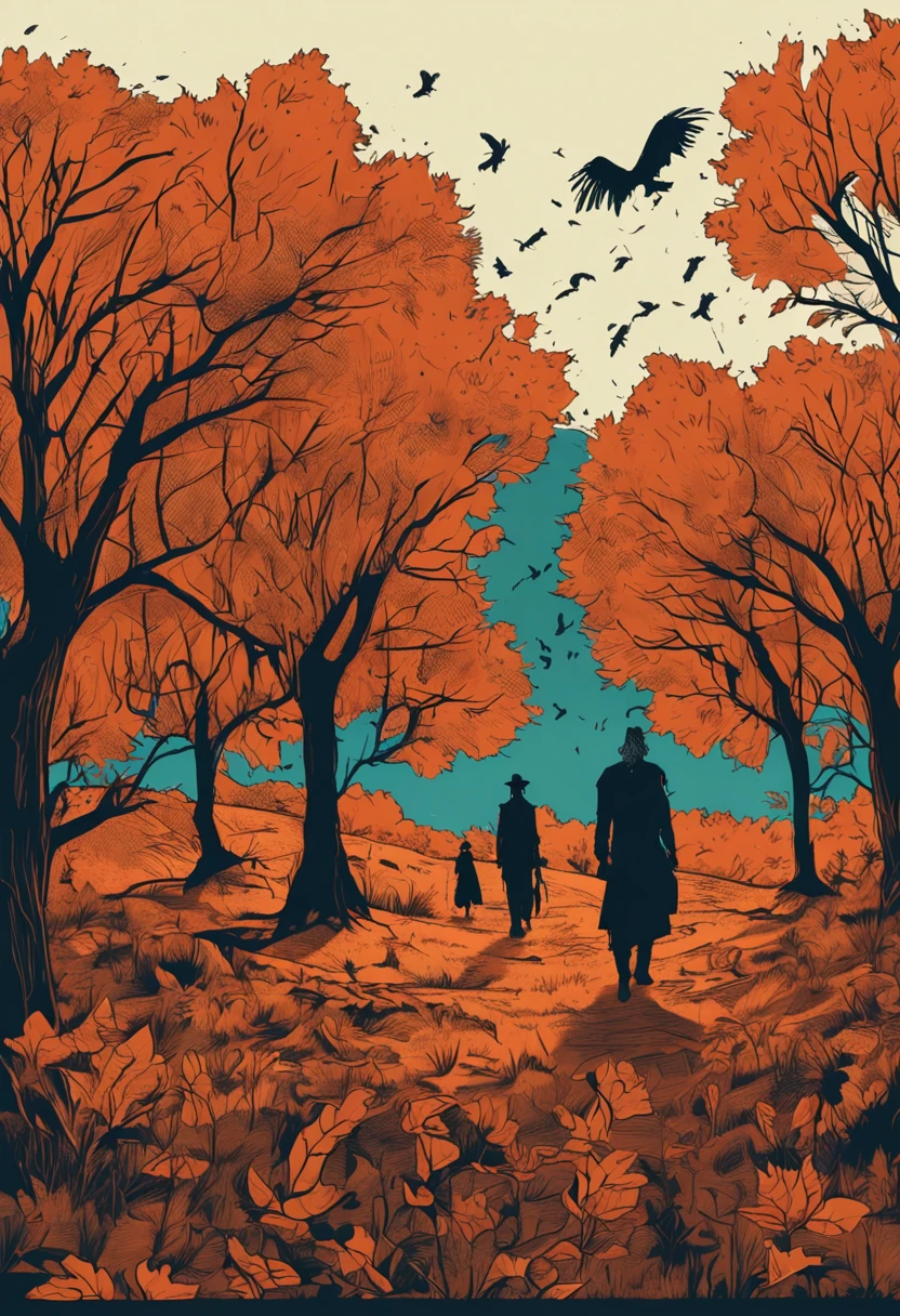 drawing of a big group of people walking in a field with a crows flying overhead, drawn in dark fantasy realisticstile, middle age, , tree's, dark fantasy, Autumn colors , autumn time, leaves in the wind