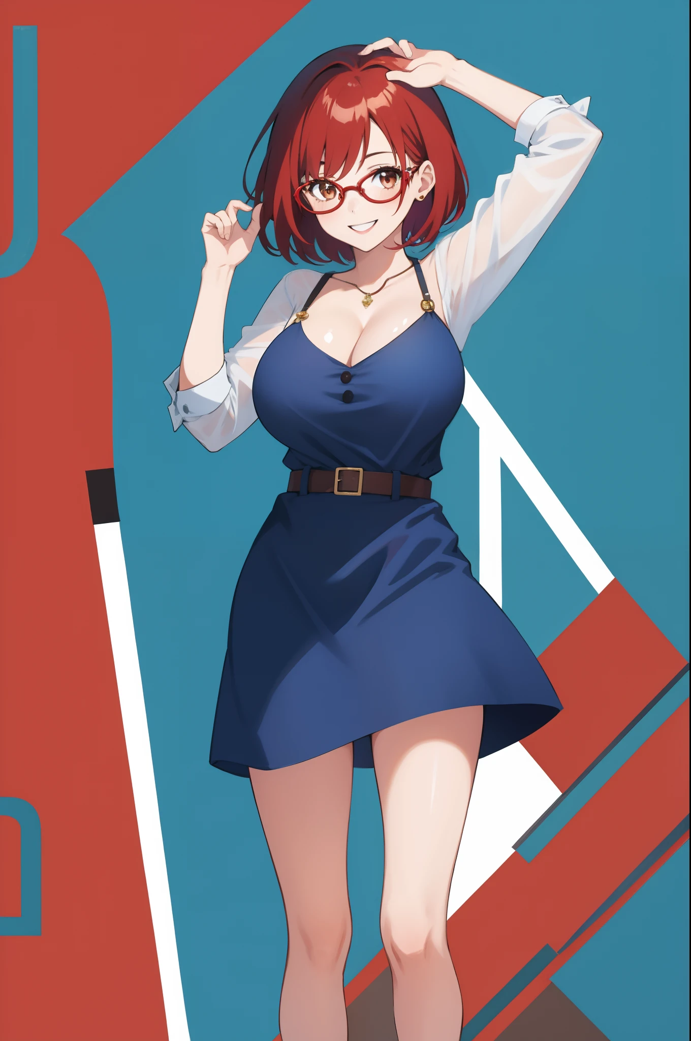 one girl, short hair, red hair, brown eyes, glasses, big breasts, happy smile, blue dress, standing, hand on head, red background, simple background