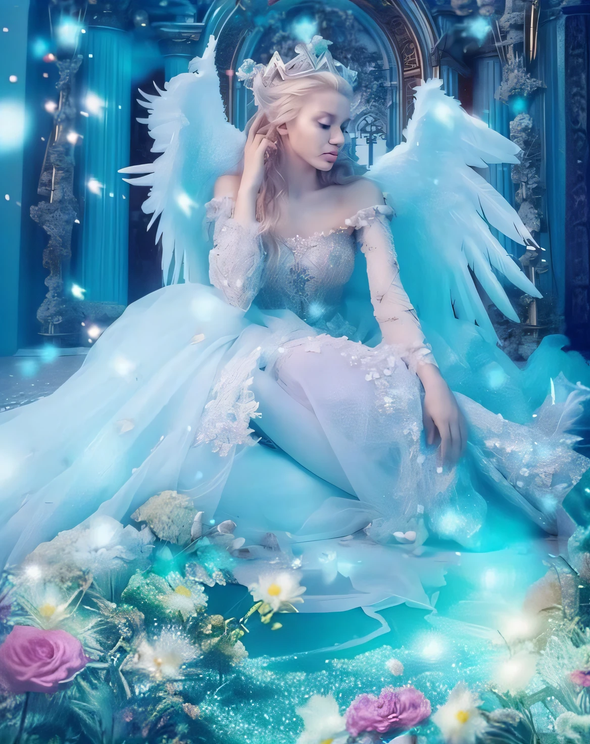 uma mulher em um vestido azul sentada em uma cama de flores, ethereal fairy tale, anjo bonito, Ethereal Fantasy, Taylor Swift como um anjo celestial, Margot Robbie como uma fada, ethereal wings, ethereal beauty, very magical and dreamy, fada astral, fada bonita, de anjo lindo, natalie shau, de uma menina anjo bonita, Ethereal!!!!!!!, Anjo majestoso de corpo inteiro