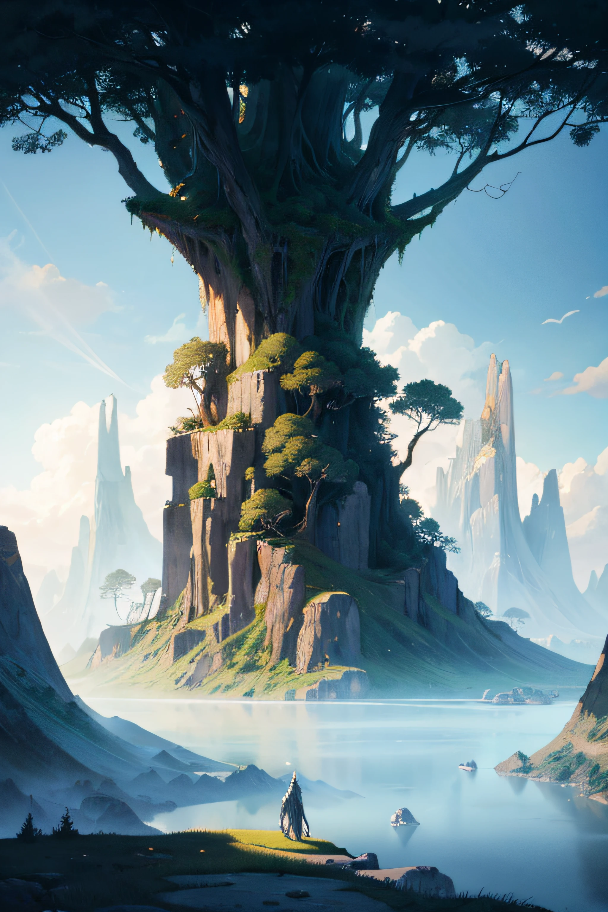 A mystical and epic landscape, featuring a fantastical and surreal world of floating islands, giant trees, and mythical creatures, that transport the viewer to a world of imagination and wonder, artstation, digital art, intricate, trending, bright colors,4K
