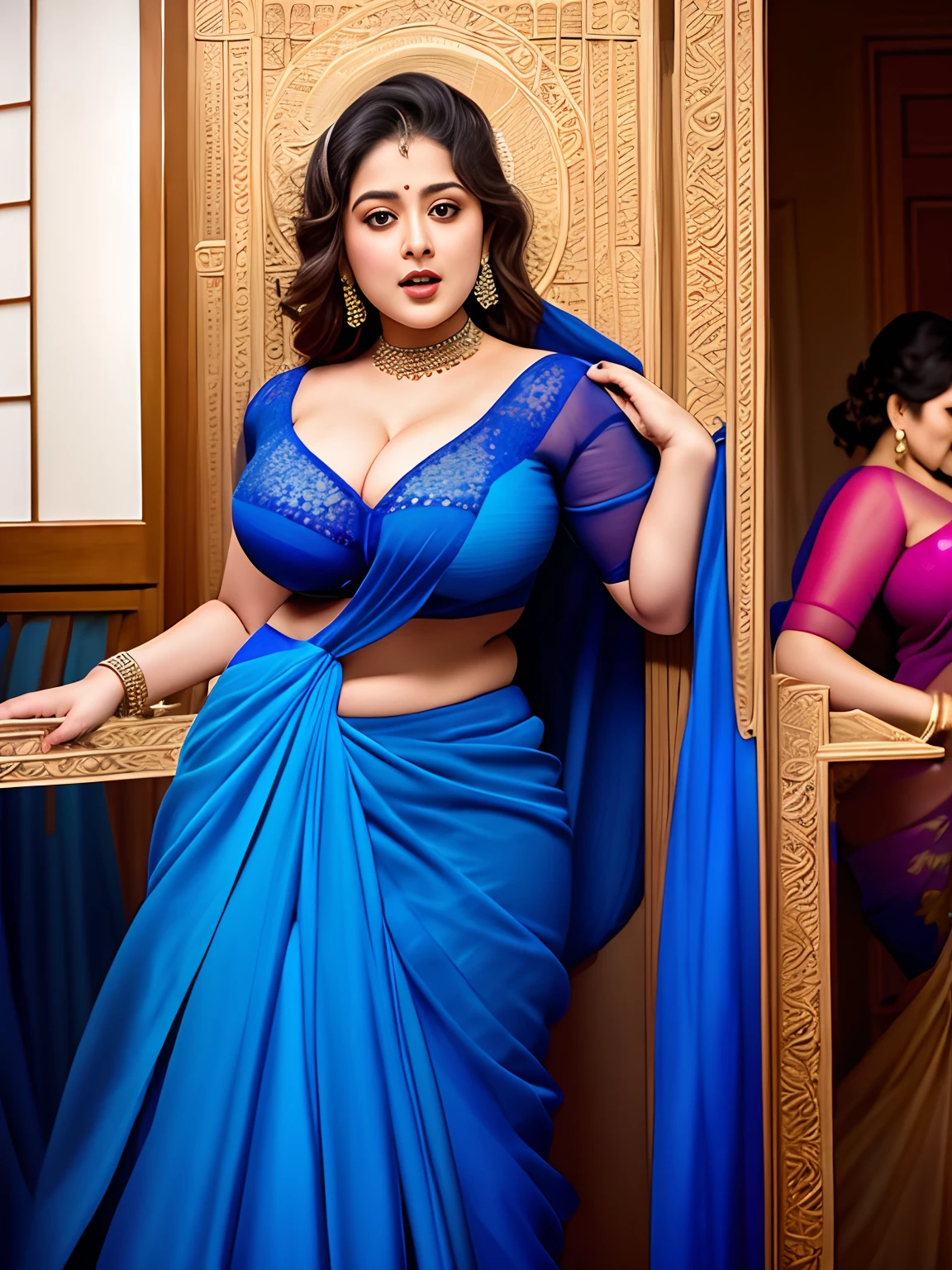 Sexy big boobs woman, change background, in beautiful blue saree