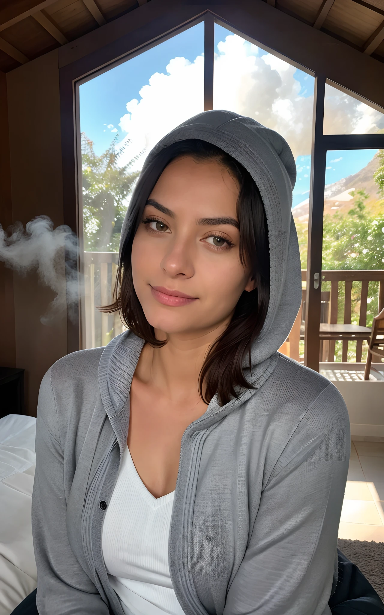 fotorrealista, best quality, hiper detalhado, Beautiful woman, foto selfie, parte superior do corpo, sozinho, wearing pullover, ao ar livre, (noite), montanhas, natureza da vida real, estrelas, ..lua, (Alegre, Feliz), Saco de dormir, Luvas, sweater, bonnet, lanterna, em casa, madeira, smoke billowing, mistborn, clear sky, analogue style, Olhando para o Viewer, textura da pele, filmic grain, fechar para cima, ultra high-resolution, melhor sombra, ..RAW, LUT do Instagram. Make as mock-up for graphic design.