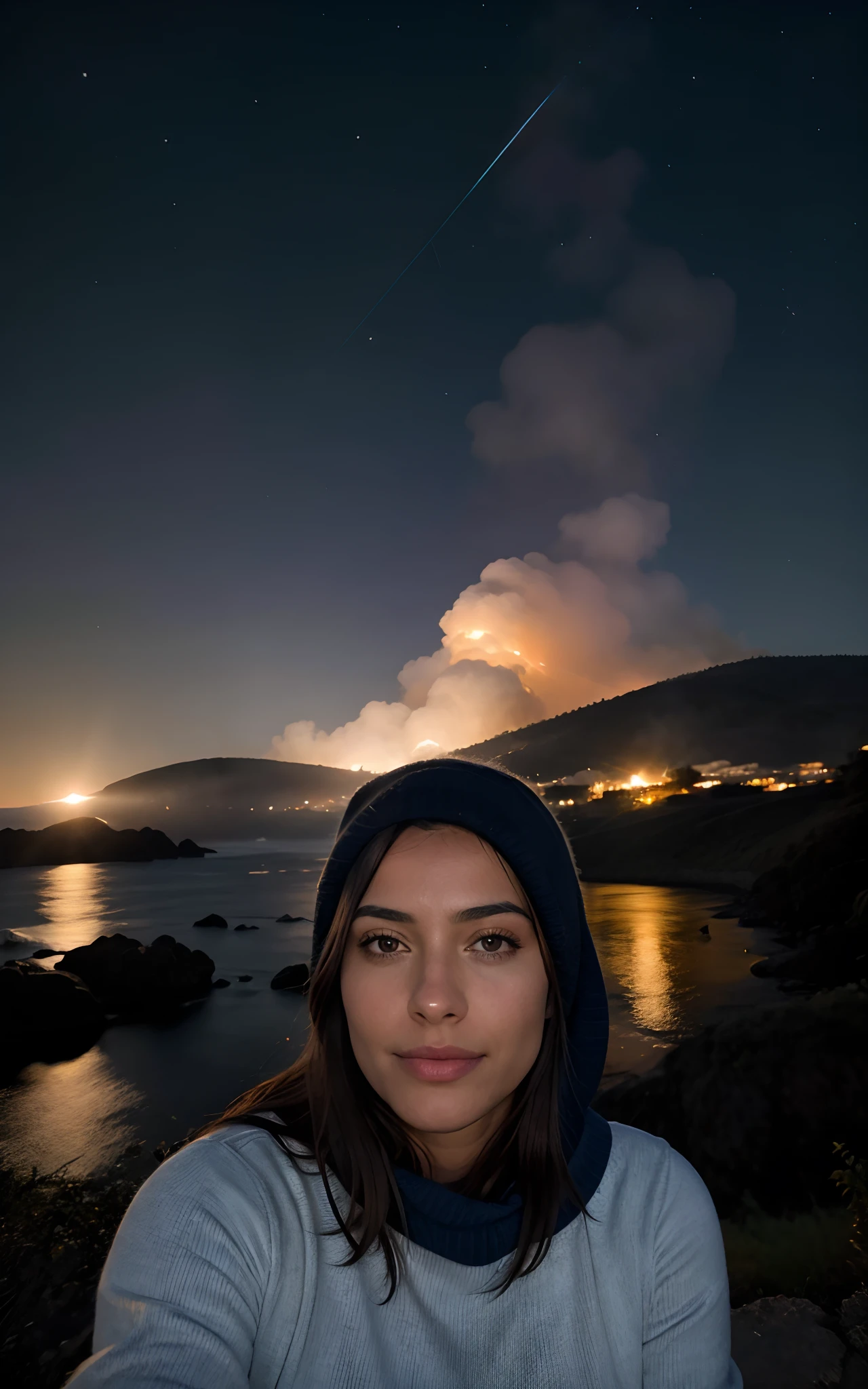fotorrealista, best quality, hiper detalhado, Beautiful woman, foto selfie, parte superior do corpo, sozinho, wearing pullover, ao ar livre, (noite), montanhas, natureza da vida real, estrelas, ..lua, (Alegre, Feliz), Saco de dormir, Luvas, sweater, bonnet, lanterna, em casa, madeira, smoke billowing, mistborn, clear sky, analogue style, Olhando para o Viewer, textura da pele, filmic grain, fechar para cima, ultra high-resolution, melhor sombra, ..RAW, LUT do Instagram. Make as mock-up for graphic design.