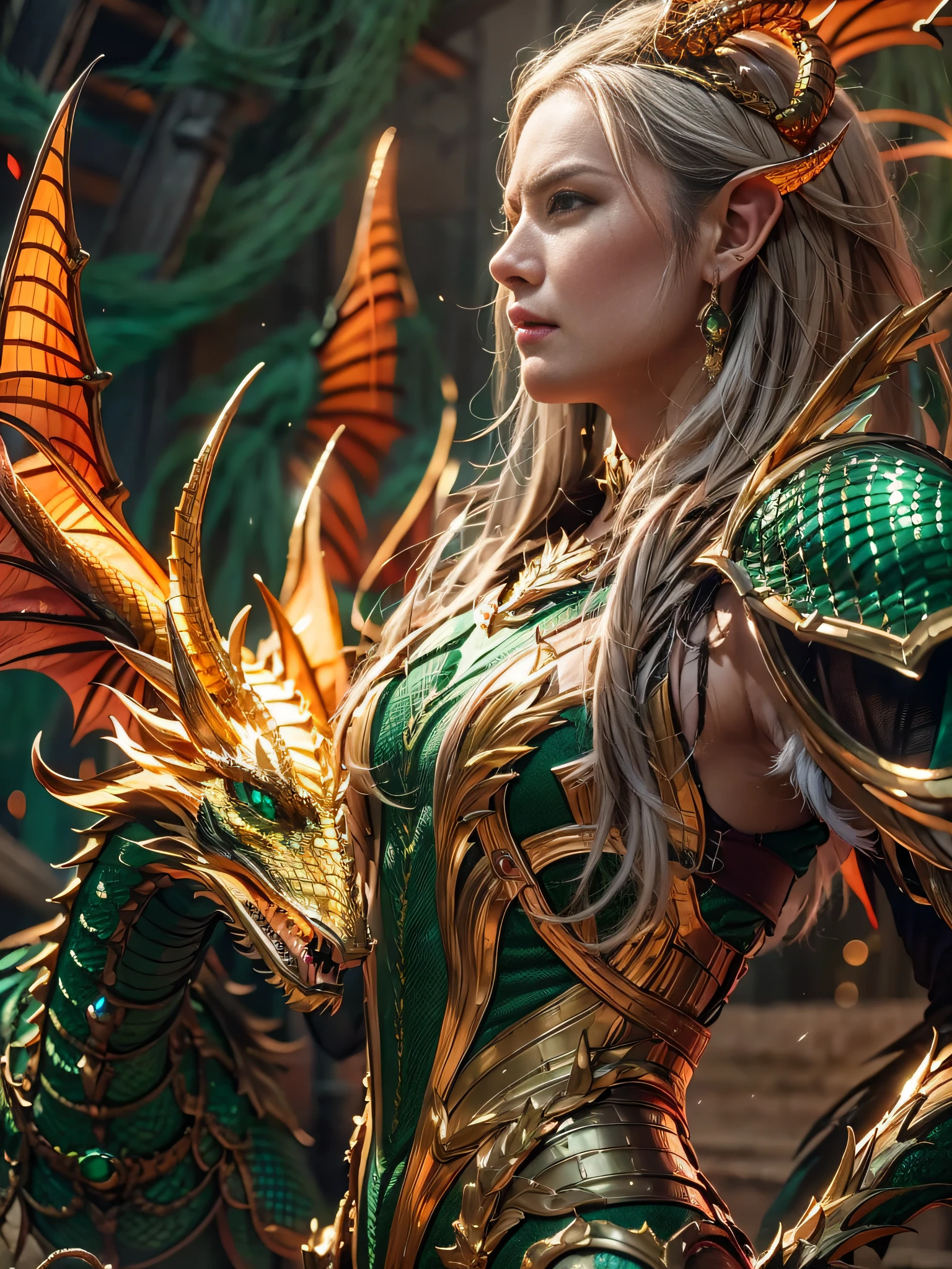 A beautiful elf with a emerald dragon, ((girl wearing golden armor)), perfect facial features, delicate face, long hair, graceful, wisdom, courage, scales, horns, flames, wings, dragon claws, dragon protecting the girl, background for ancient desert, mysterious, protection, realistic quality, realism, 8k, best quality, masterpiece, cinematic quality, high chiaroscuro, octane rendering, Cinematic Still, Movie Still