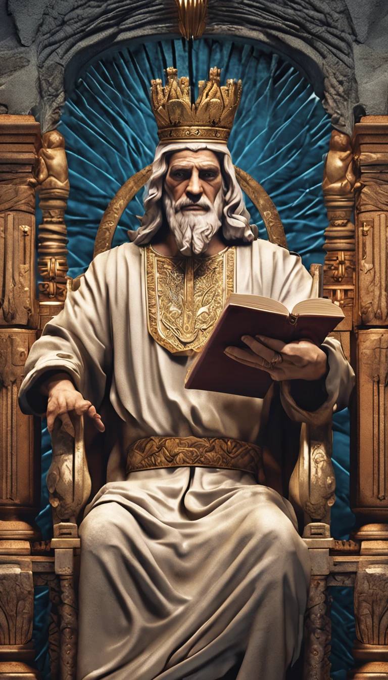 realistic illustration, Rei davi no trono pensando segurando a biblia, with crown on the head. Arte realista do Rei Davi lendo a biblia sentado no trono