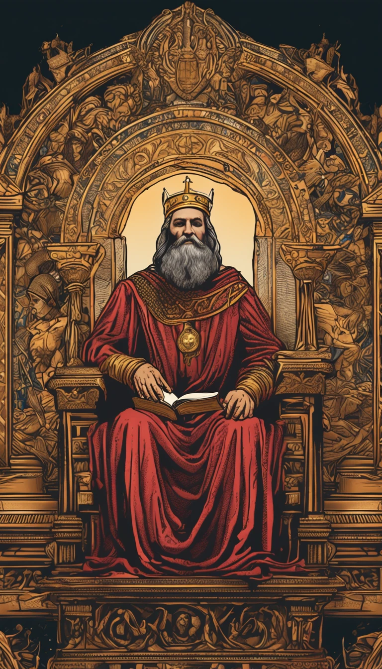 realistic illustration, Rei davi no trono pensando segurando a biblia, with crown on the head. Arte realista do Rei Davi lendo a biblia sentado no trono