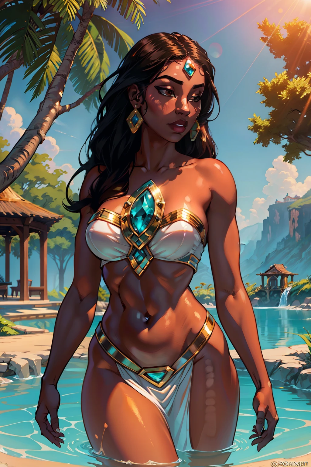 "Envision a breathtaking artwork capturing the essence of beauty and serenity. A mesmerizing masterpiece depicting a captivating bronze skinned female immersed in a divine oasis of radiant sunlight."